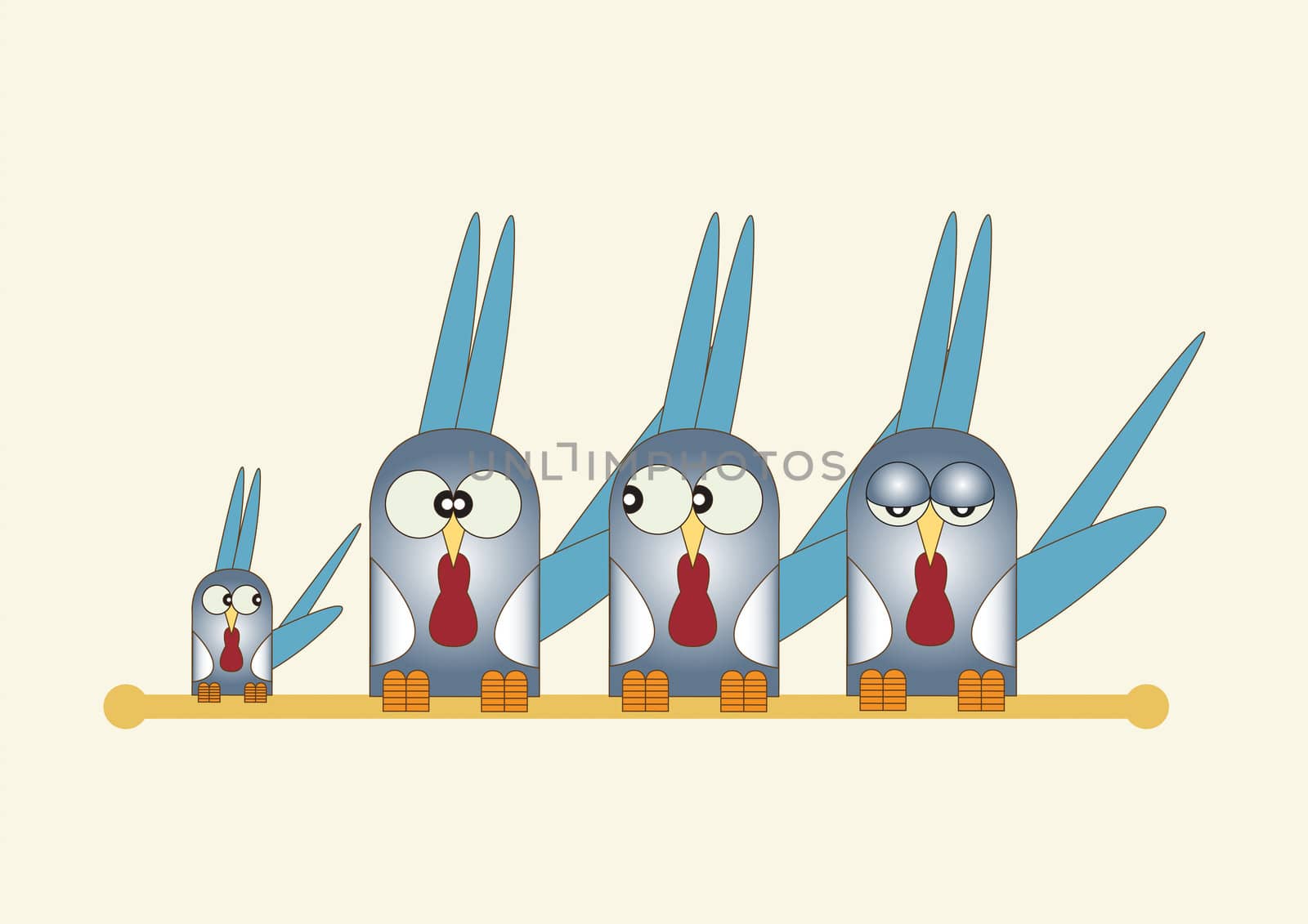A Hand drawn Illustration of four blue coloured stylized birds with blue head and tail feathers, perched side by side on a pole. Set on a plain cream background.