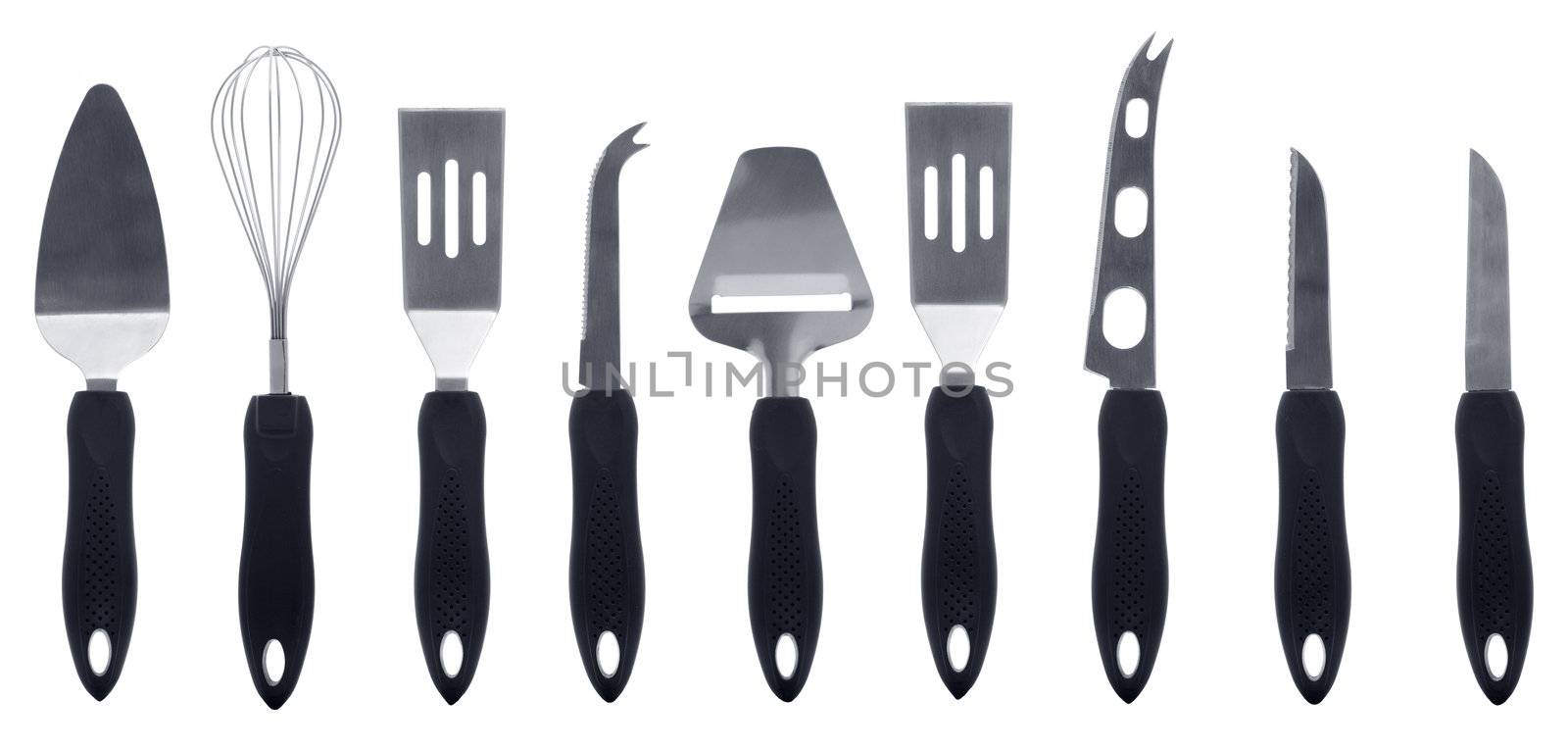 kitchen utensil collection isolated on white background.