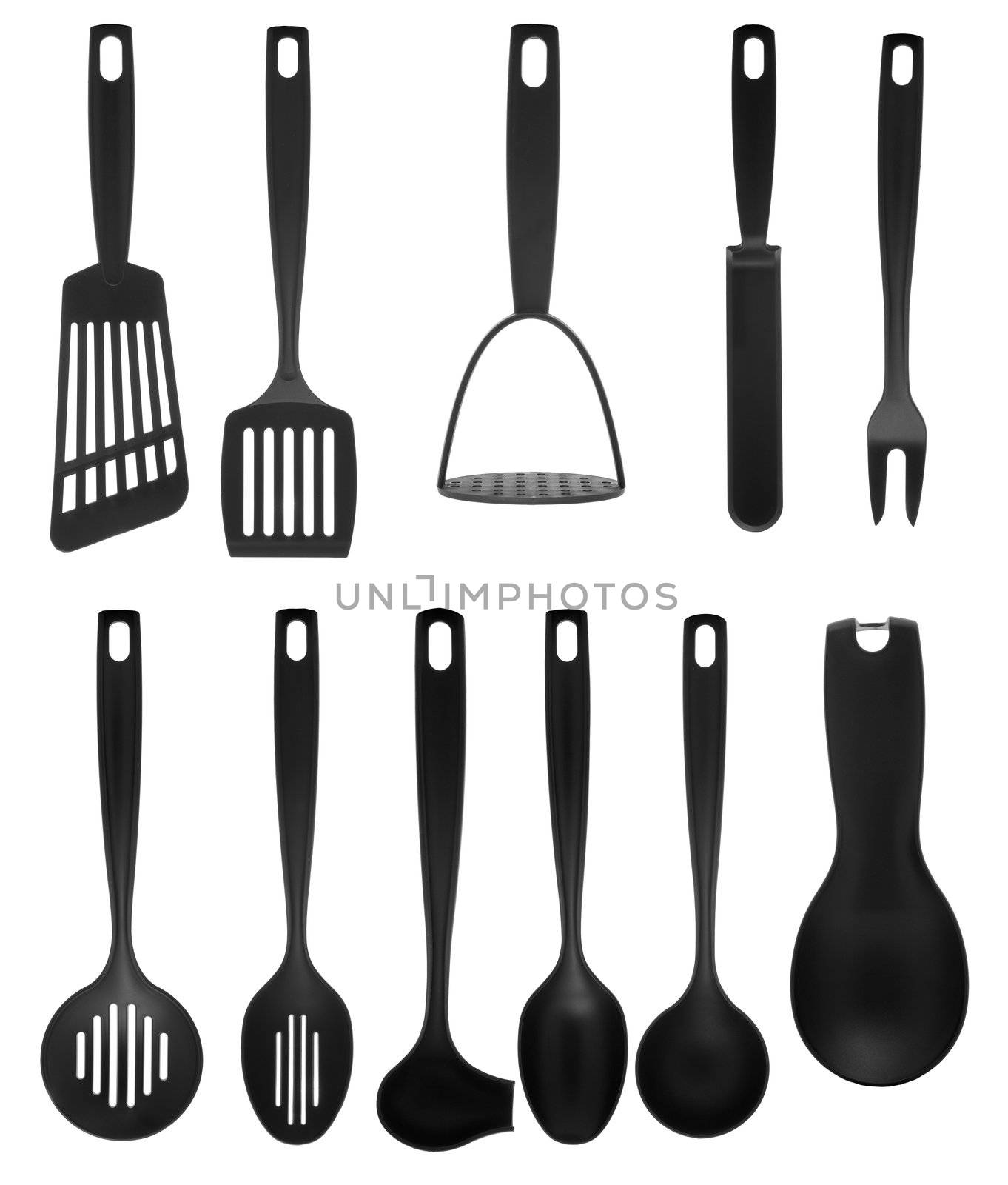 kitchen utensil collection isolated on white background.