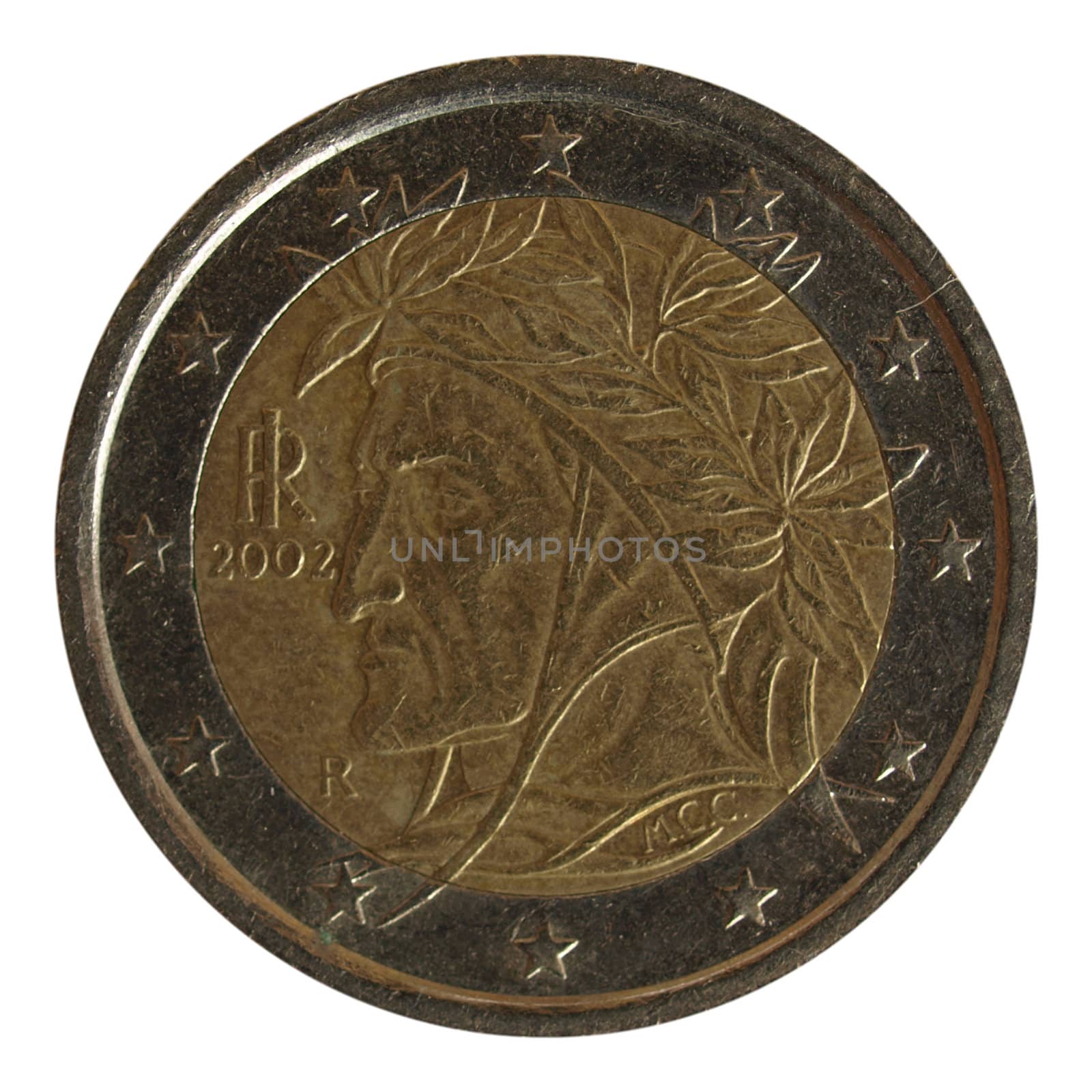 Italian Two Euros coin money with Dante Alighieri