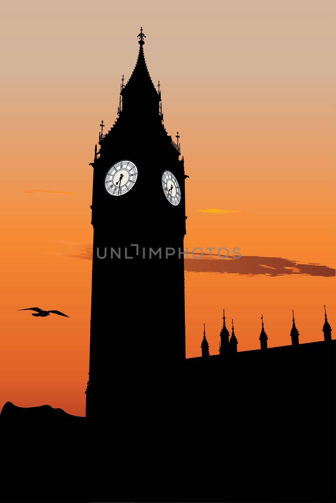 Silhouette of Big Ben at sunset, one of the most popular landmark in London