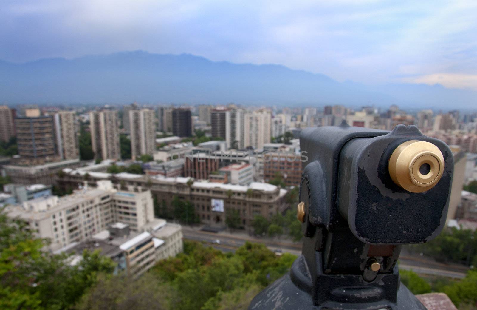 View of Santiago city with focus on coin opperated telescope