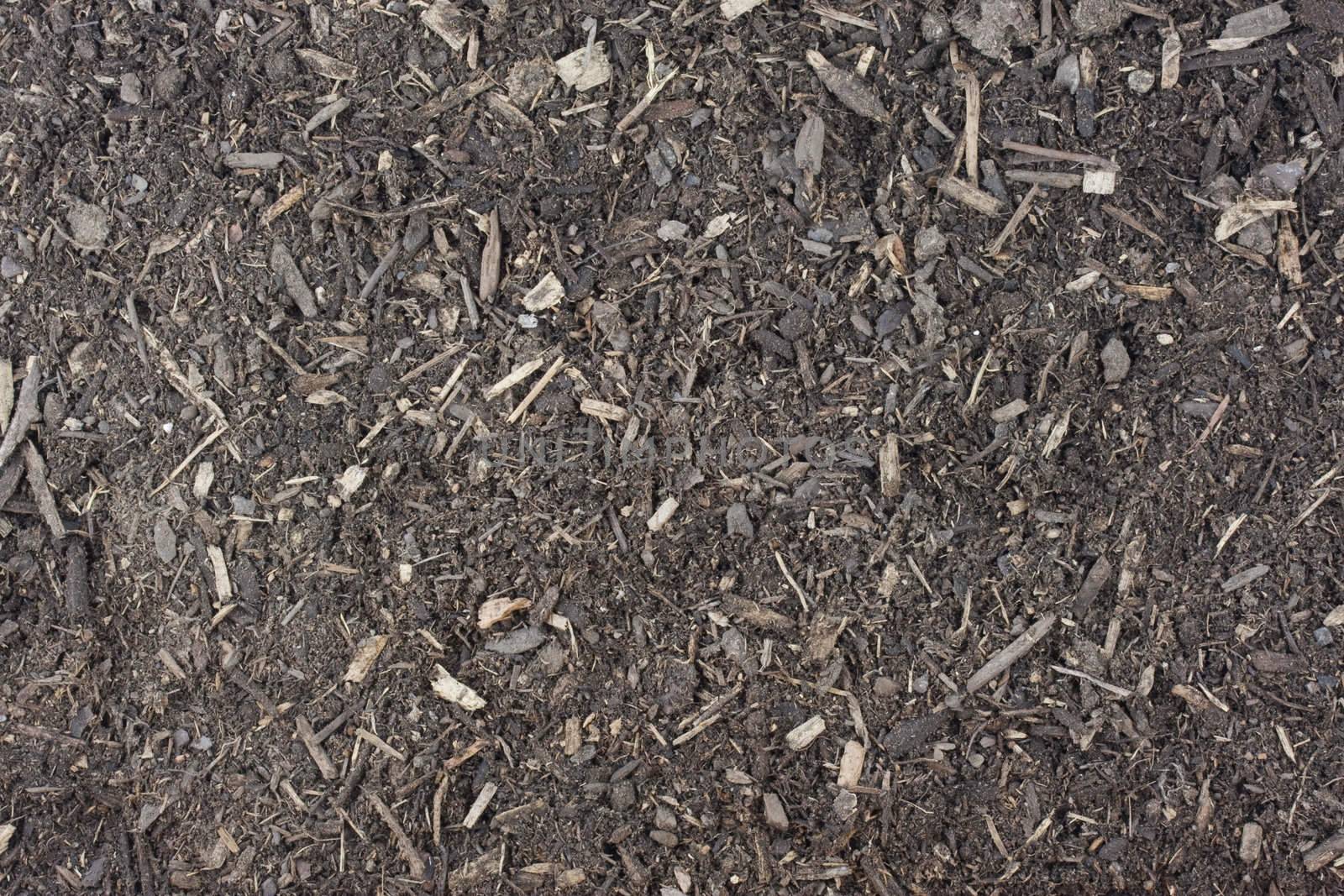 dry garden potting soil background with small wood chips and sticks