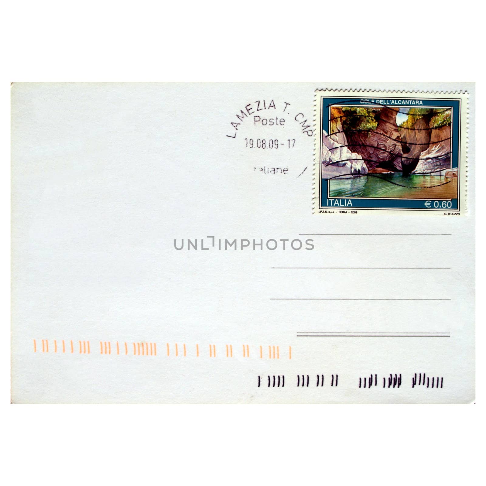 Blank postcard with stamp and postage meter