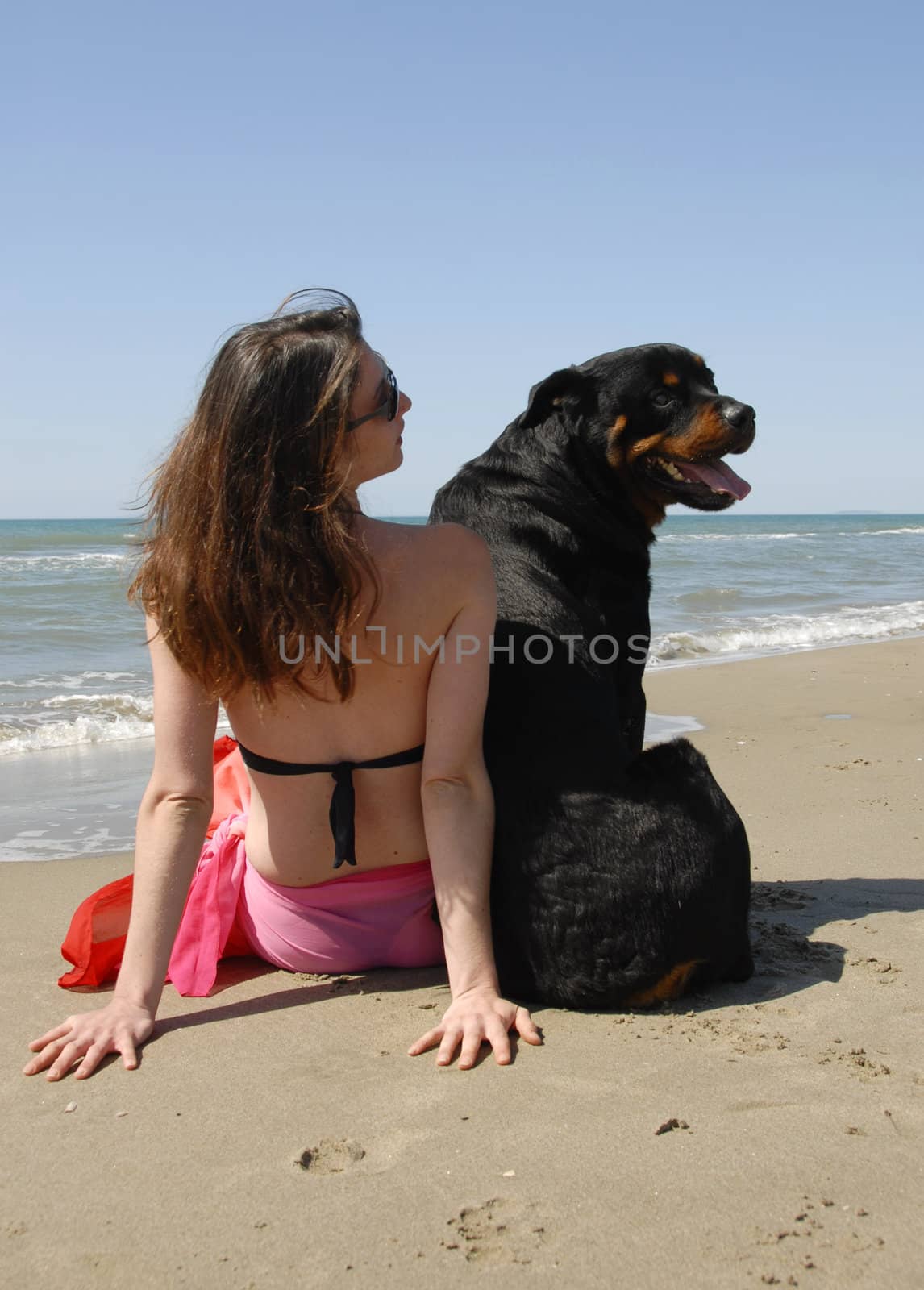  young woman on the beach with her rottweiler