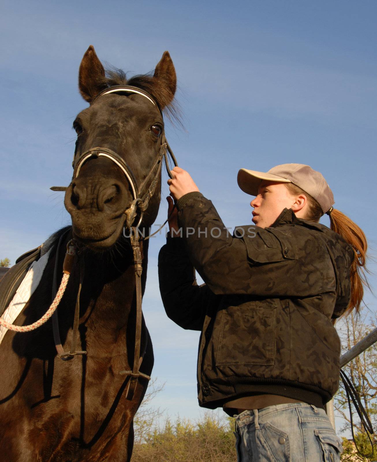 young teenager make a bridle to her black horse