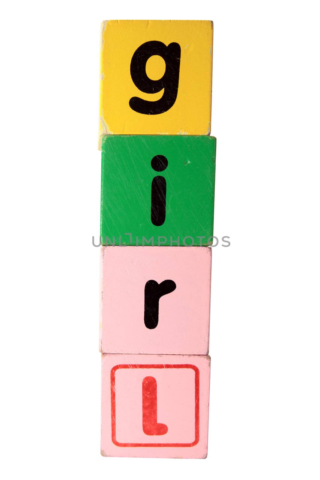 assorted childrens toy letter building blocks against a white background that spell girl with clipping path