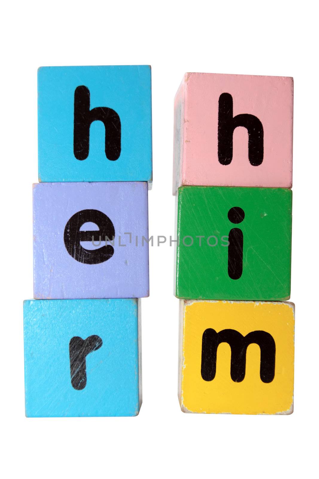 assorted childrens toy letter building blocks against a white background that spell her him with clipping path