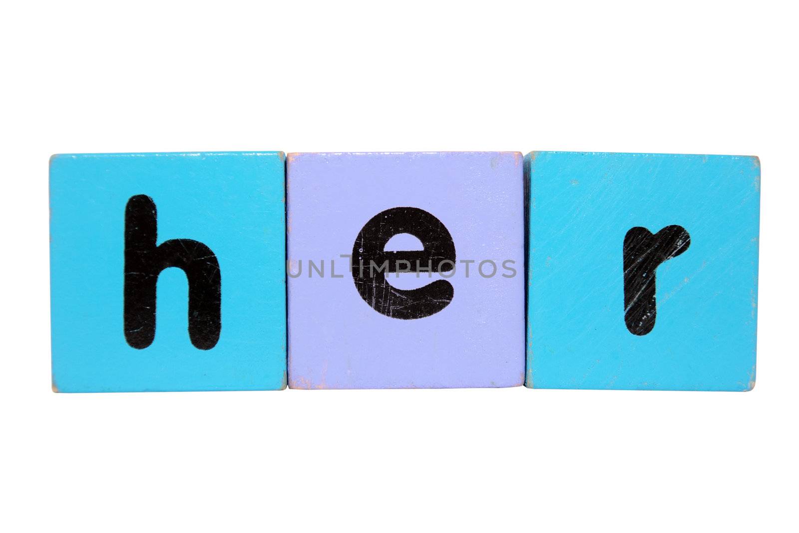 assorted childrens toy letter building blocks against a white background that spell her with clipping path