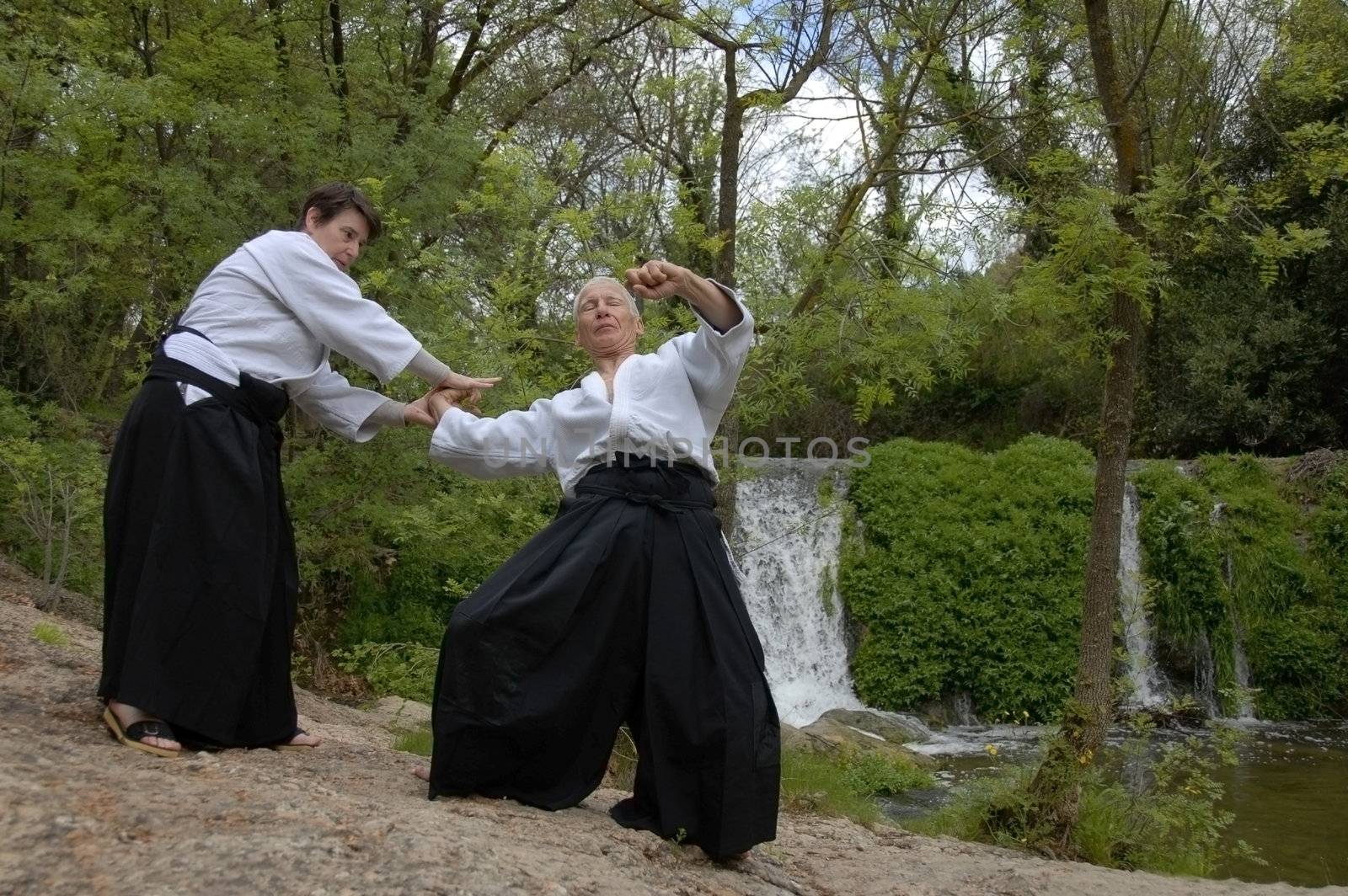 Two adults  are training in Aikido near a waterfall