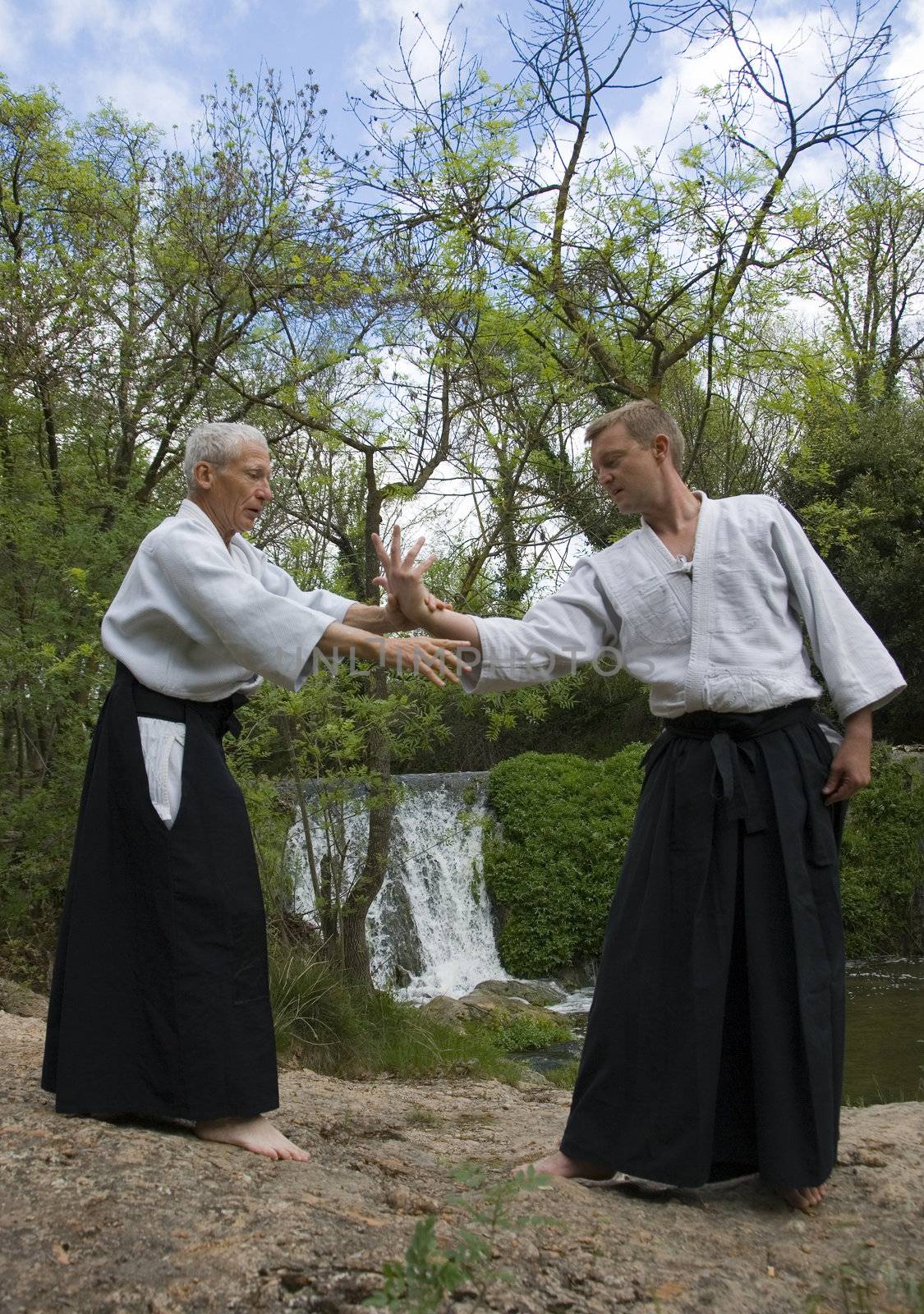 Two adults are training in Aikido in front of a waterfall