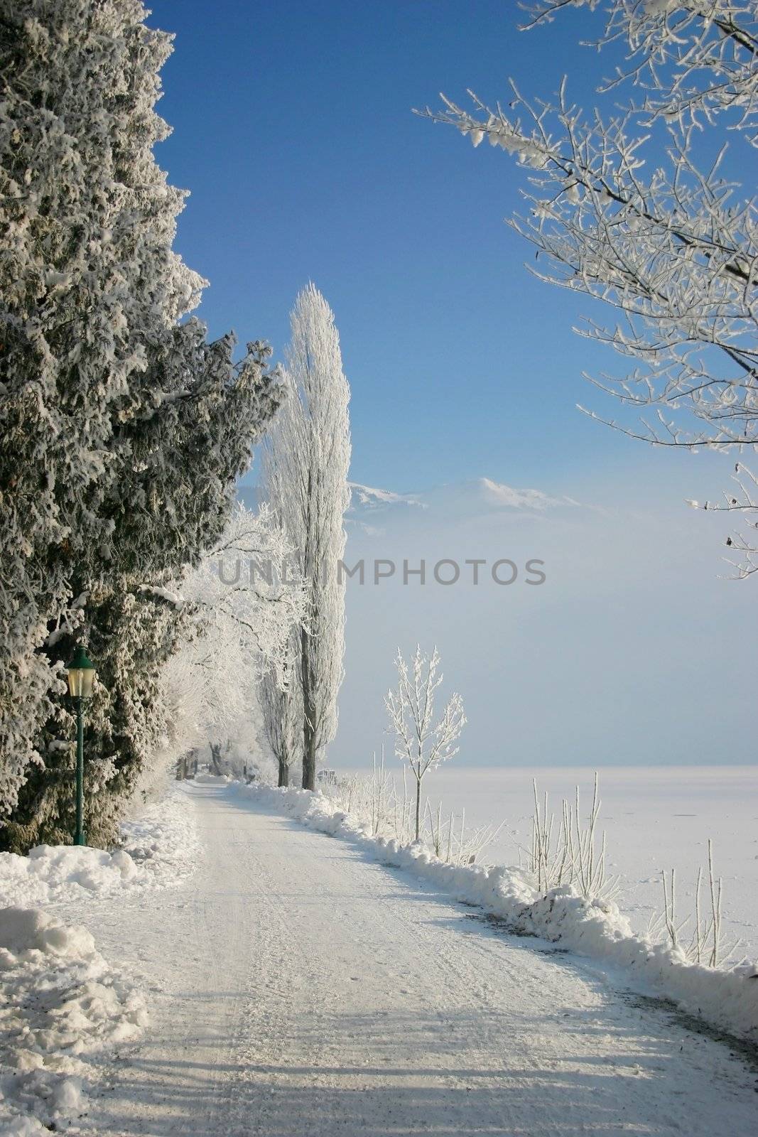 Frozen winter road near the Zell am See lake in Austria