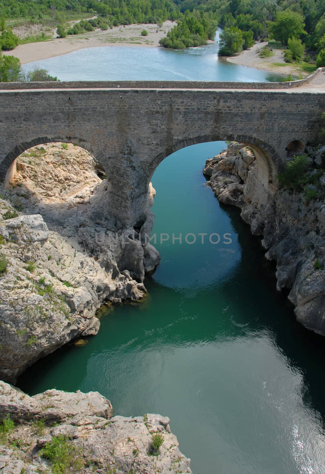 "Pont du Diable", near St Guilhem du Desert, Herault, Languedoc Roussillon, old bridge on the herault river