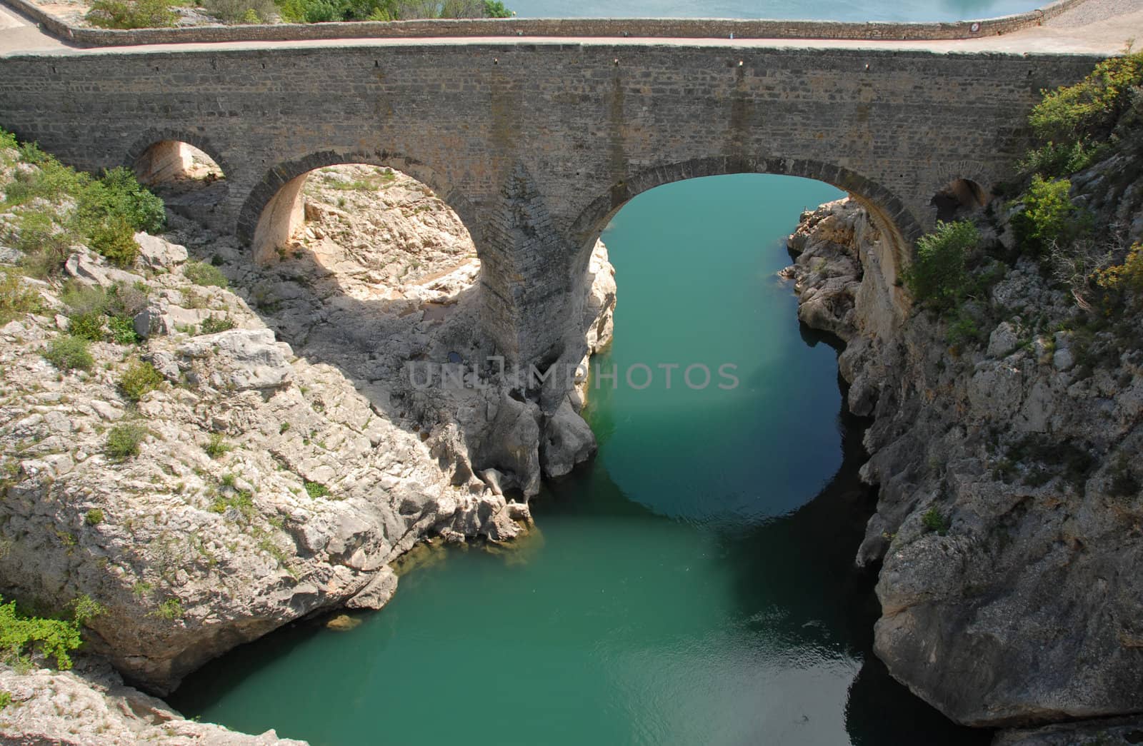 "Pont du Diable", near St Guilhem du Desert, Herault, Languedoc Roussillon, old bridge on the herault river