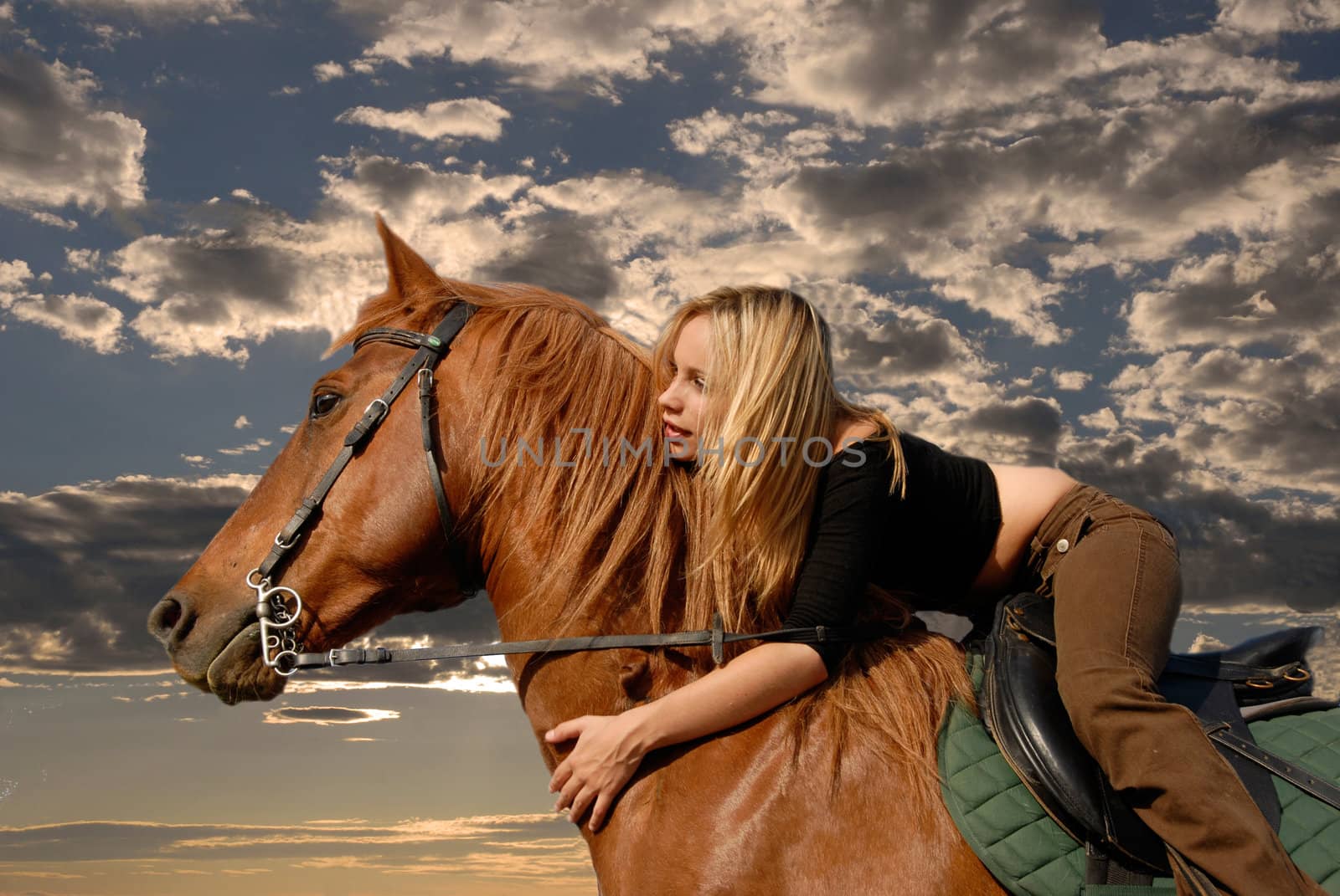 young riding girl in a storm sky with her brown stallion