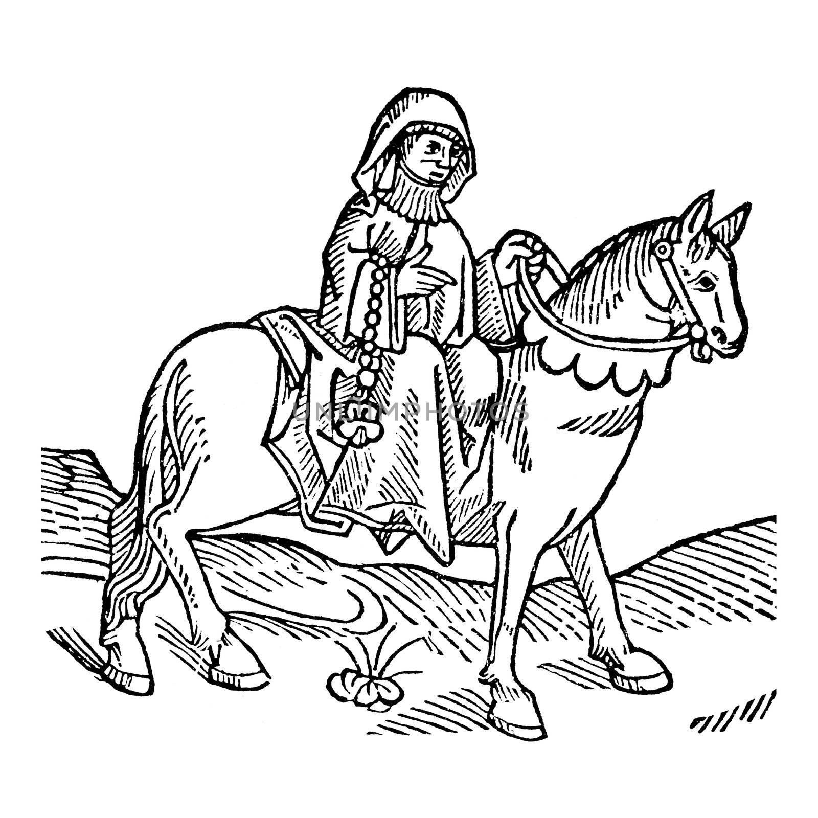 The Prioress from The Canterbury Tales by Geoffrey Chaucer - Woodcut from the Caxton's Edition of 1485