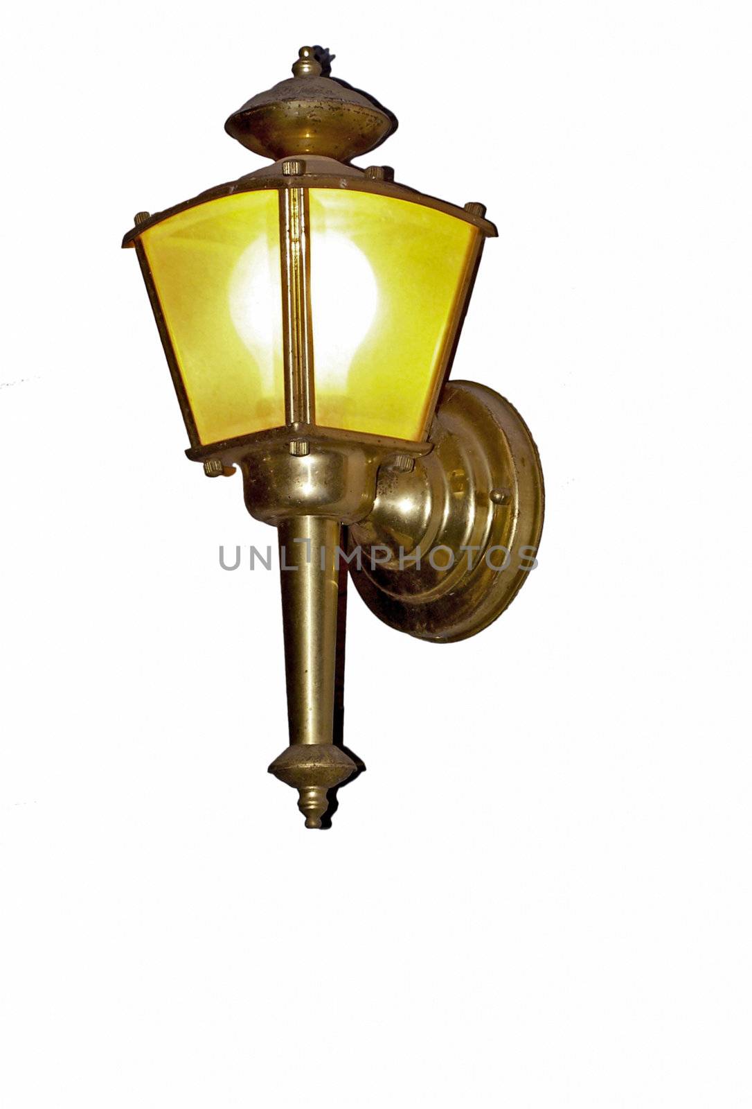 Lighted porch light isolated on a white background.