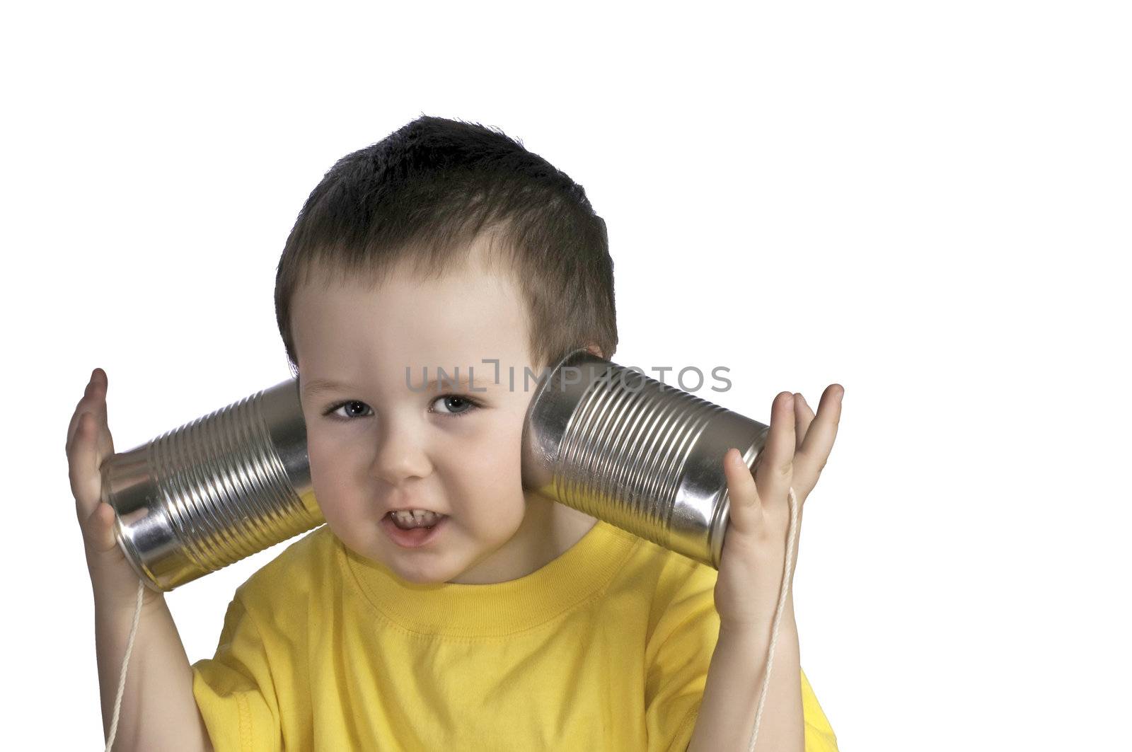 Baby trying to get some kind of reception from his home-made walkie-talkie system