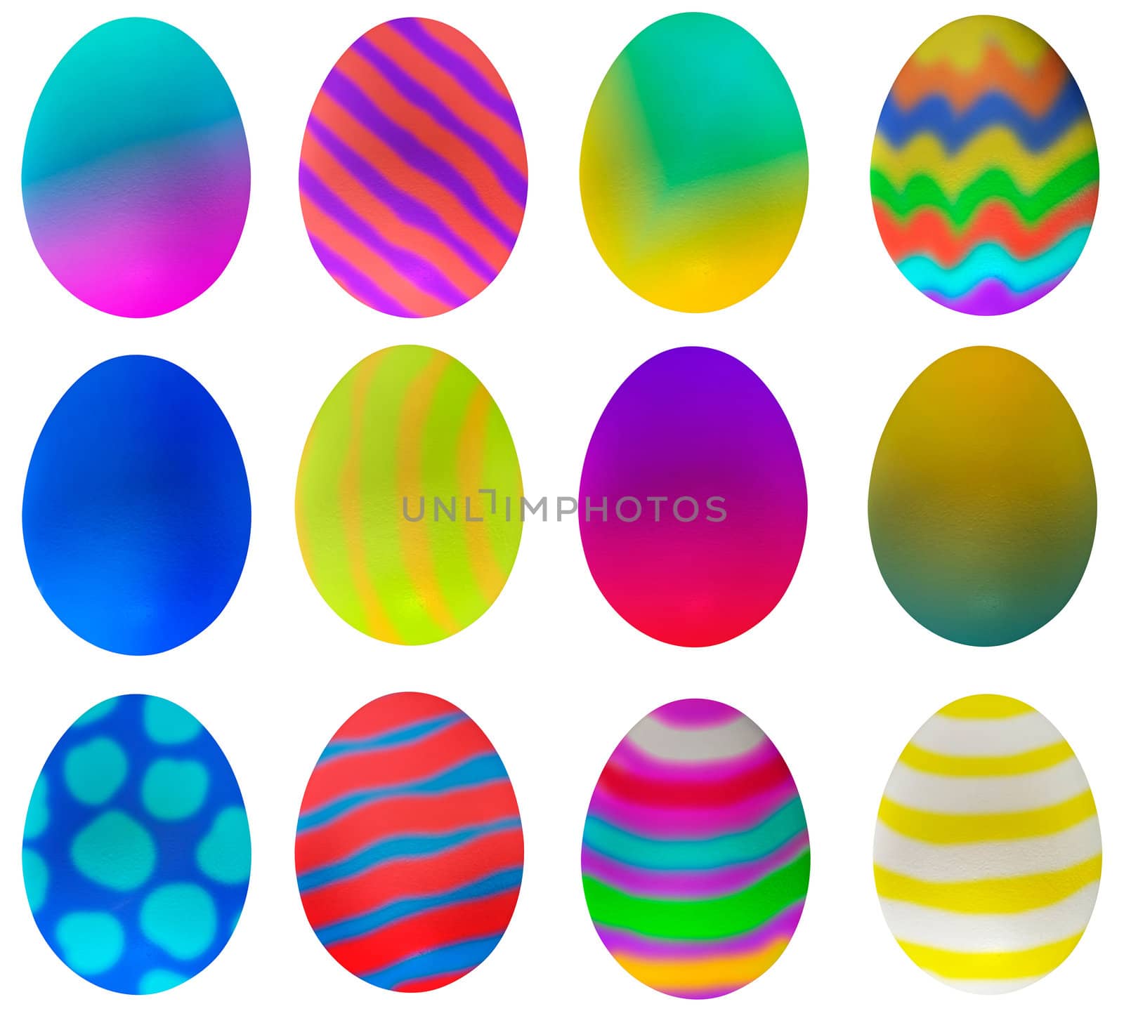 One dozen eggs decorated for Easter. Photograph of an egg colored in Photoshop. The set is isolated with a clipping path so they can be placed as needed.
