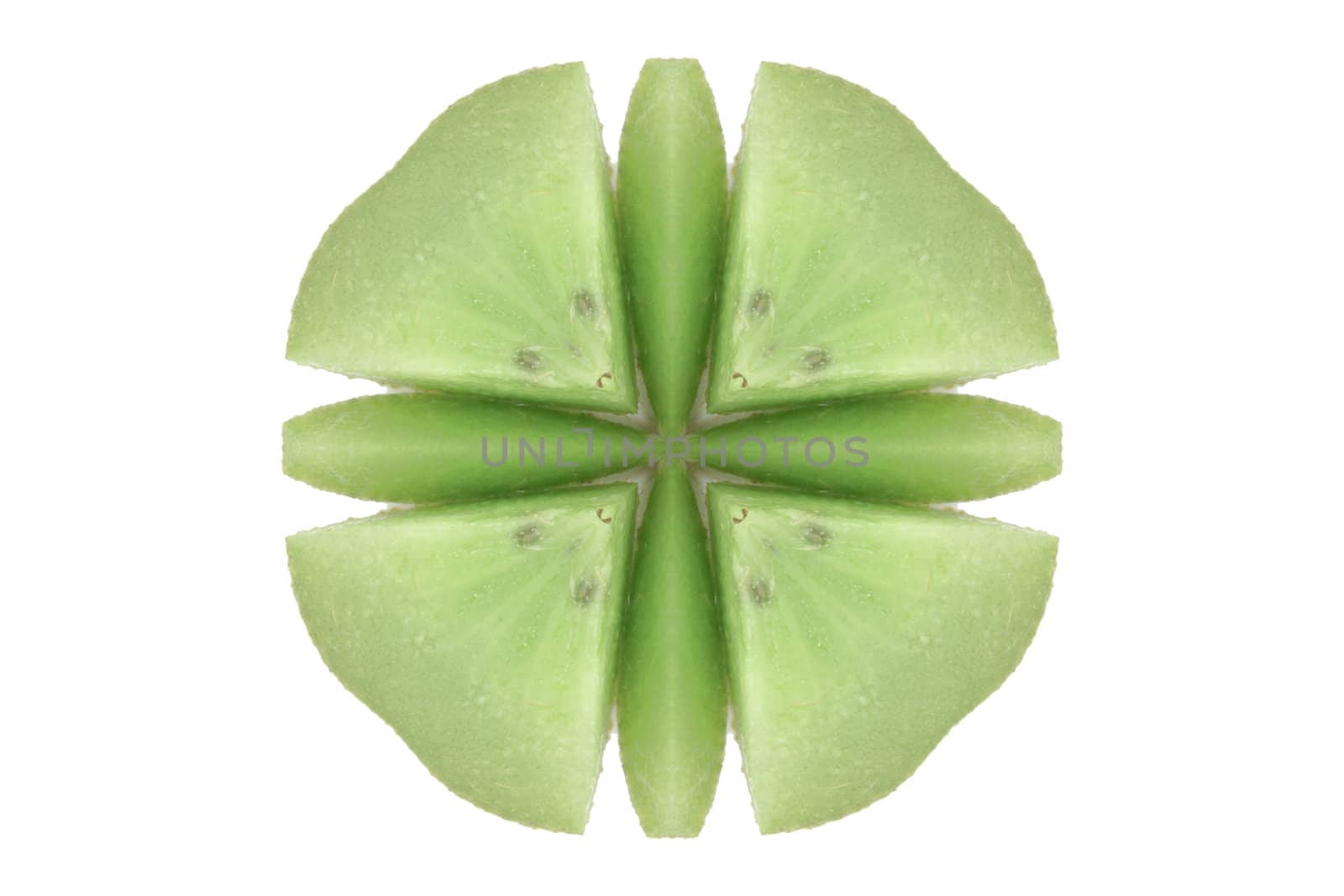 Photo manipulation of  kiwifruit slices isolated in white.