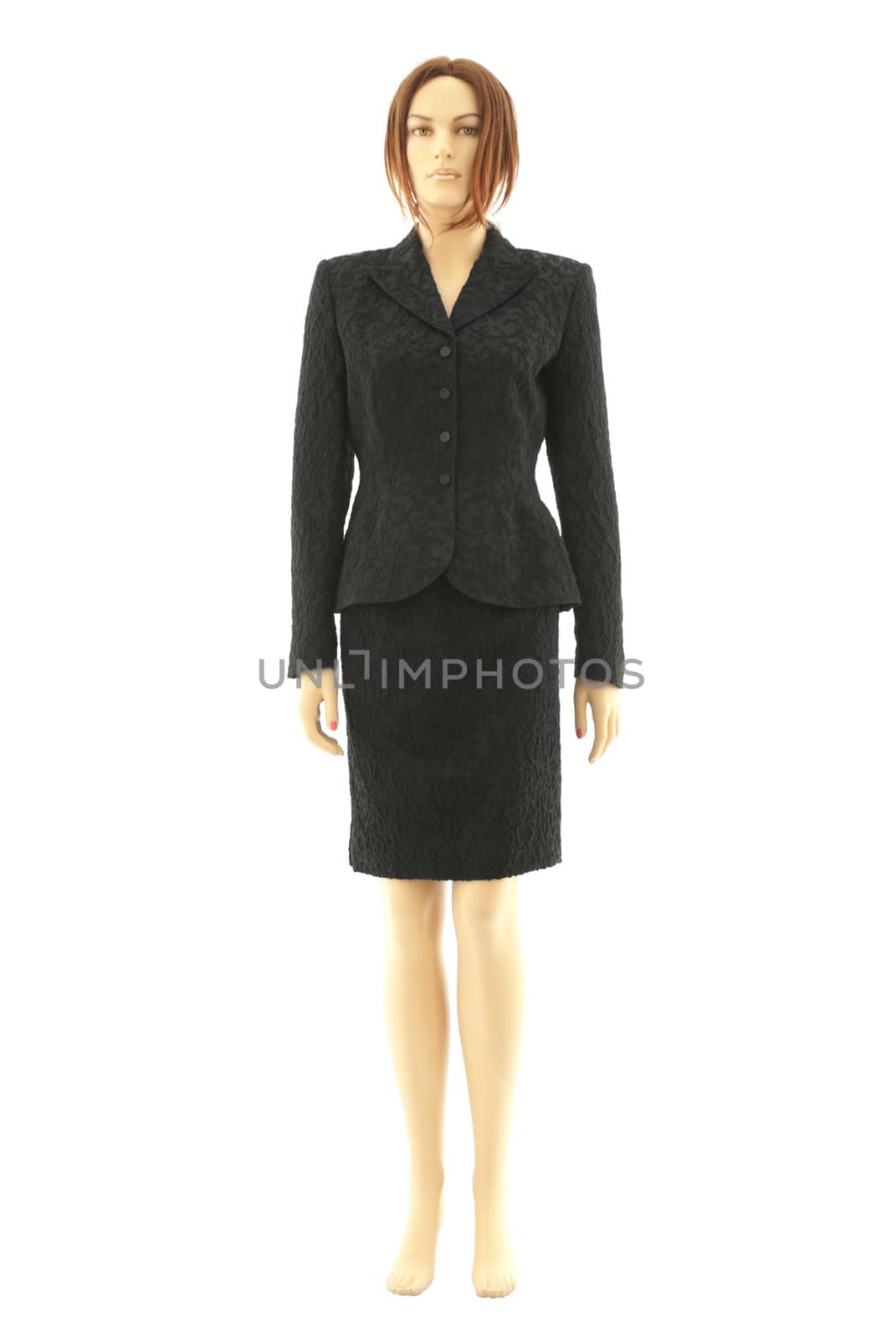 Female mannequin with hairs in black classic suit. Isolated on white background