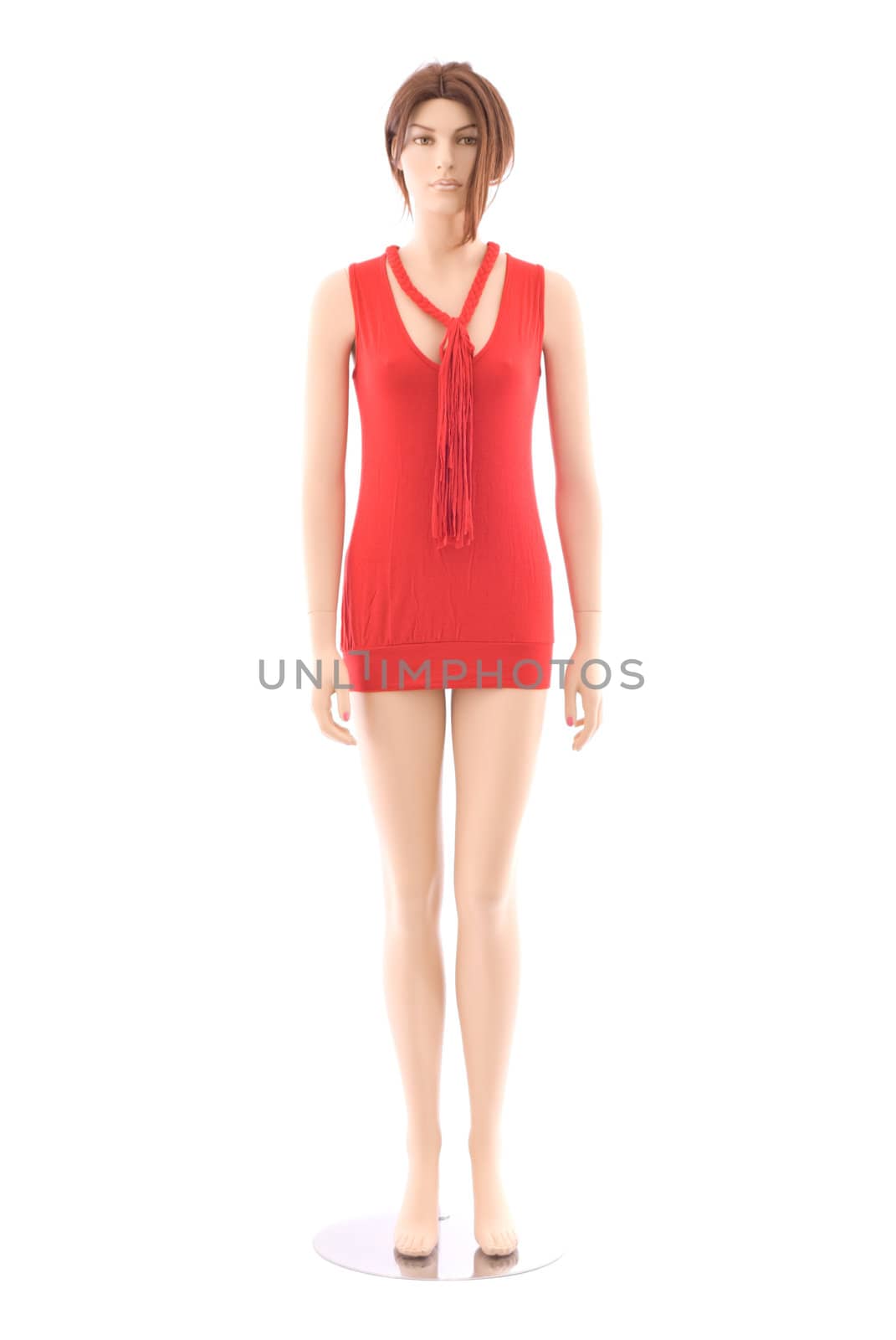 Female mannequin in small red dress. Isolated on white background