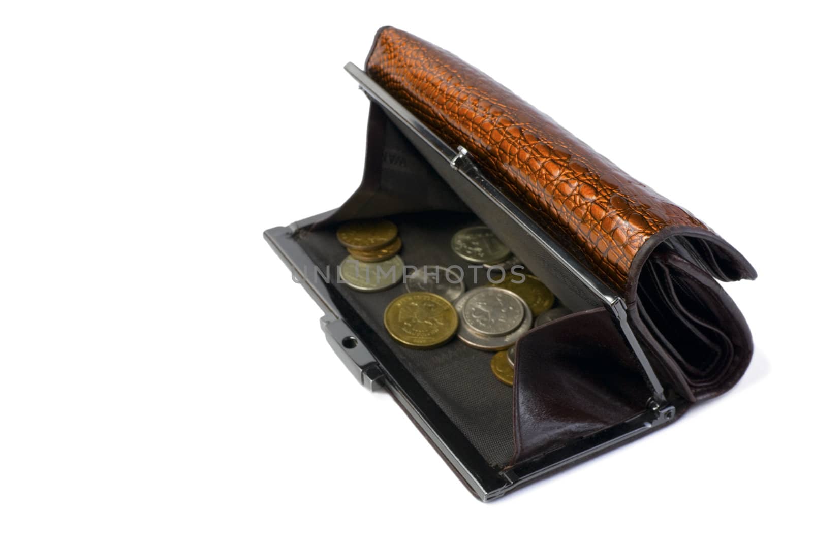 Brown leather female wallet with russian currency. Isolated on white background