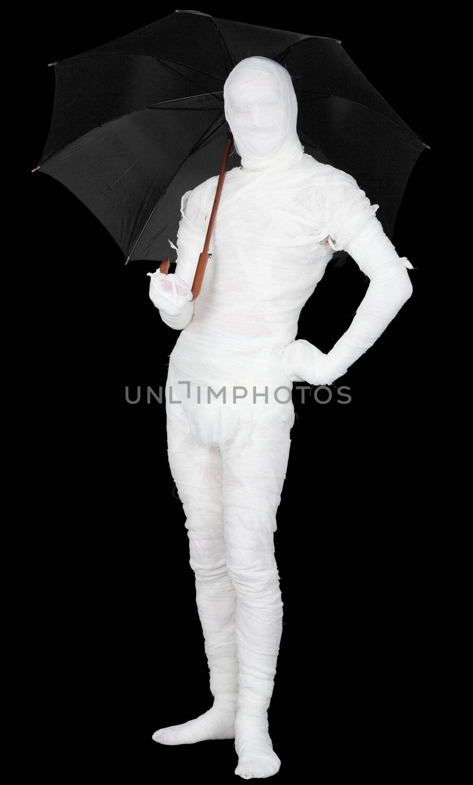 Mummy under umbrella on the black