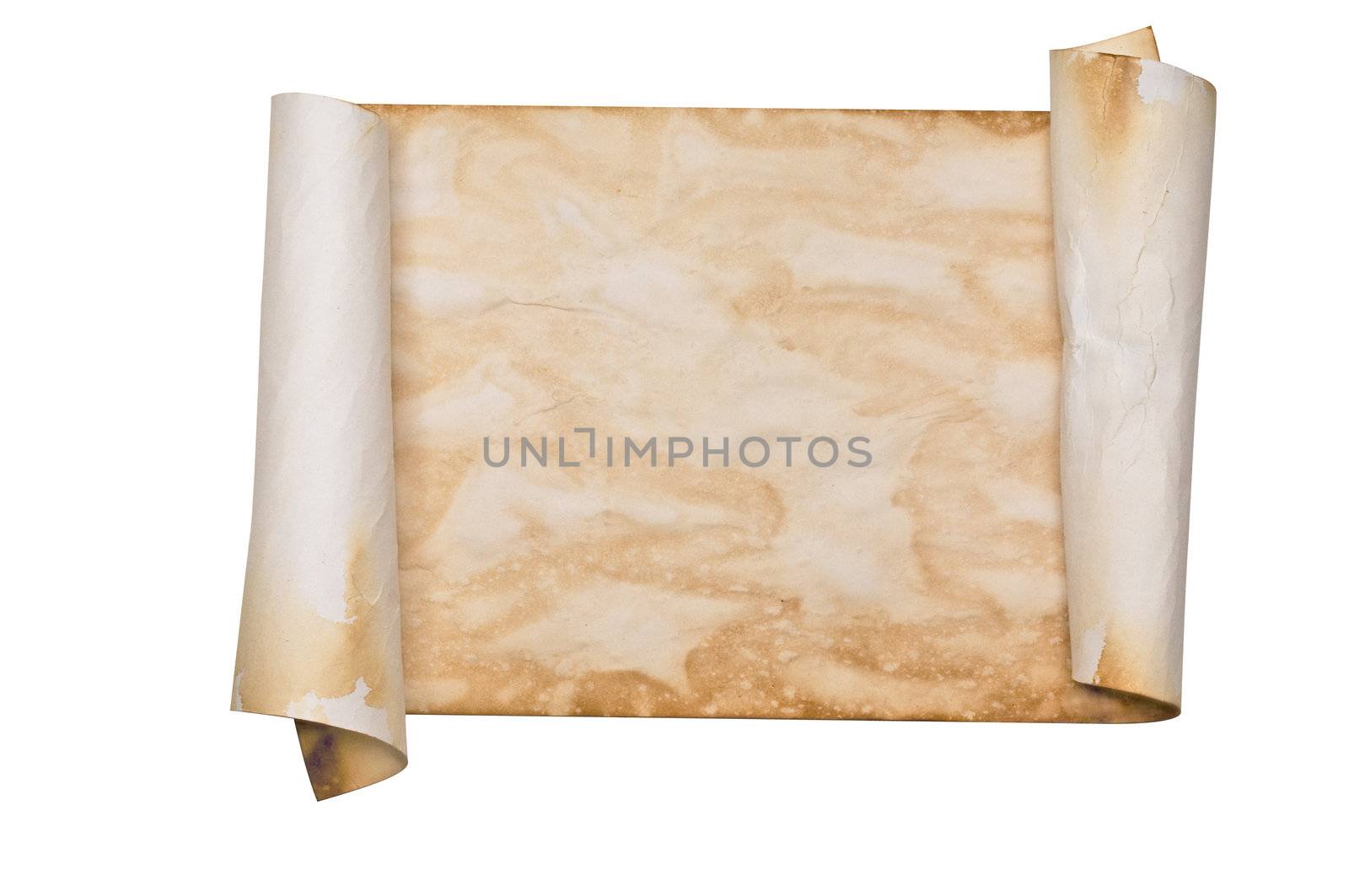 Ancient looking parchment made to look like an old scroll. Isolated on white with a clipping path.