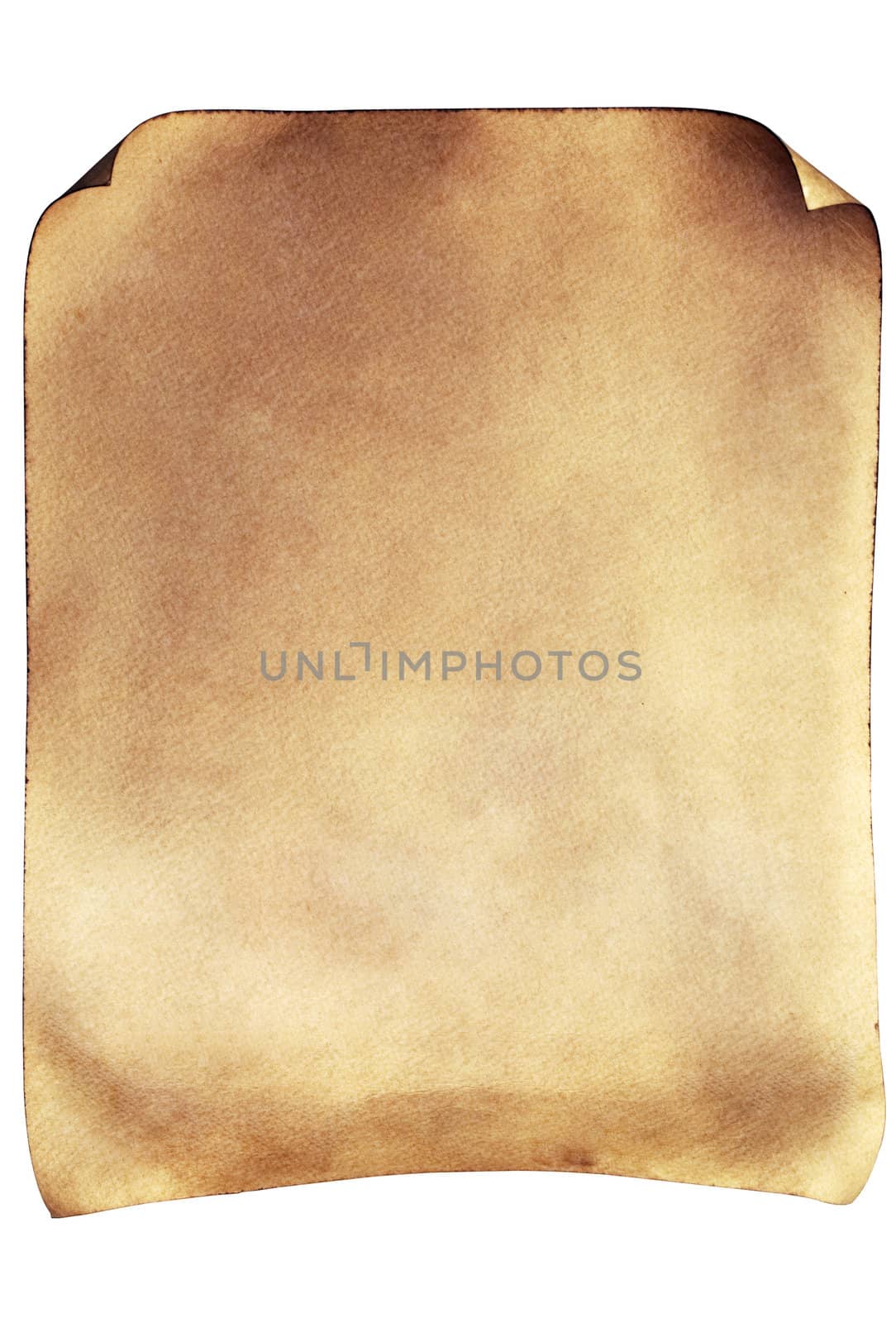 Photograph of old looking parchment with rolled edges isolated on white with a clipping path