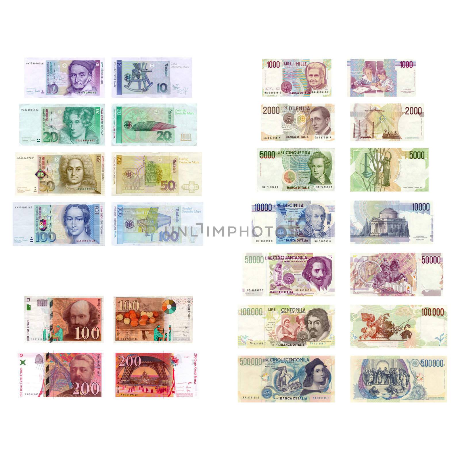 Old European currency: Deutsche Mark, Francs Francaise, Lire Italiane (All currencies NO MORE in use)