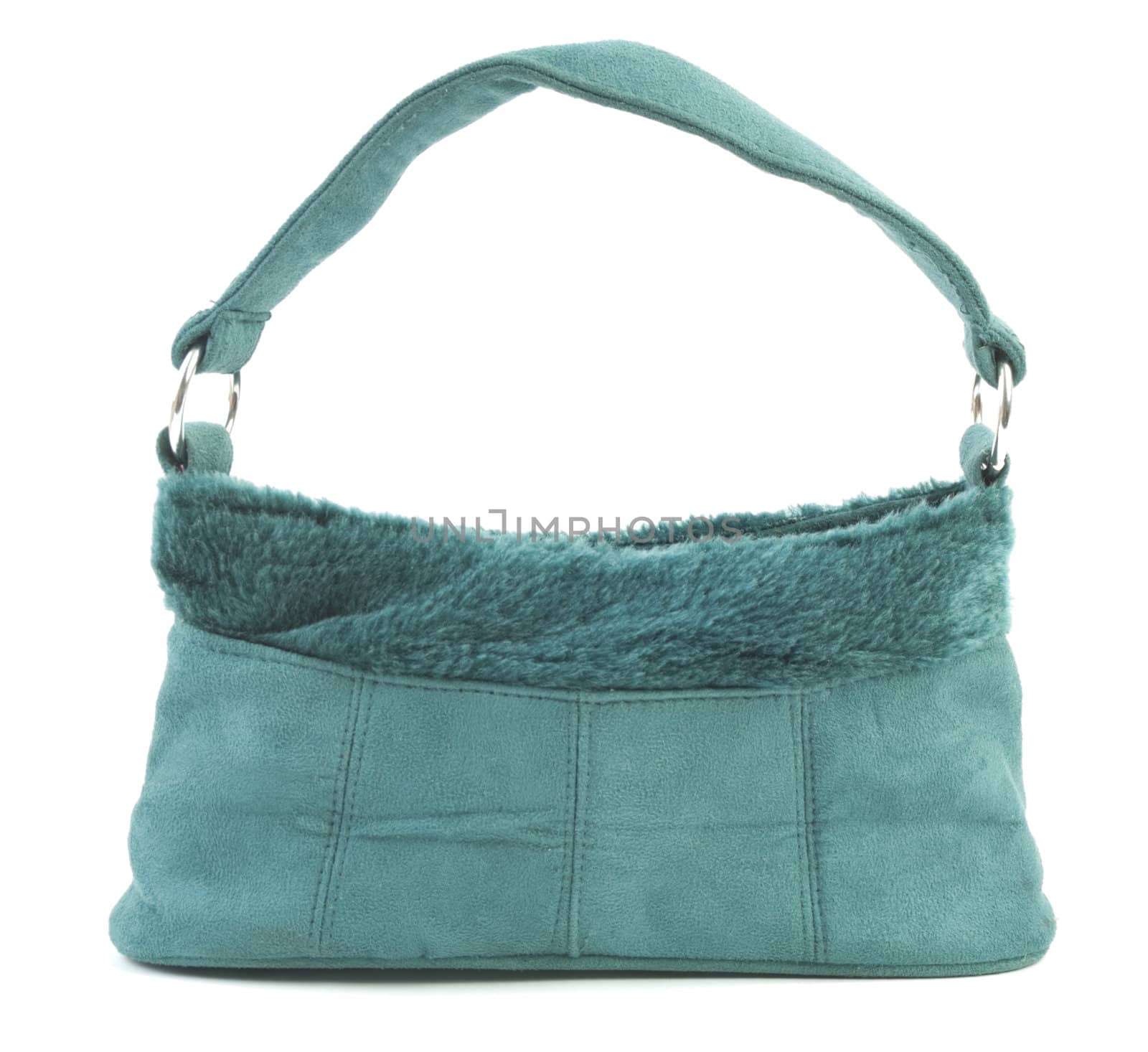 Blue textile bag with artificial fur. Isolated on white background