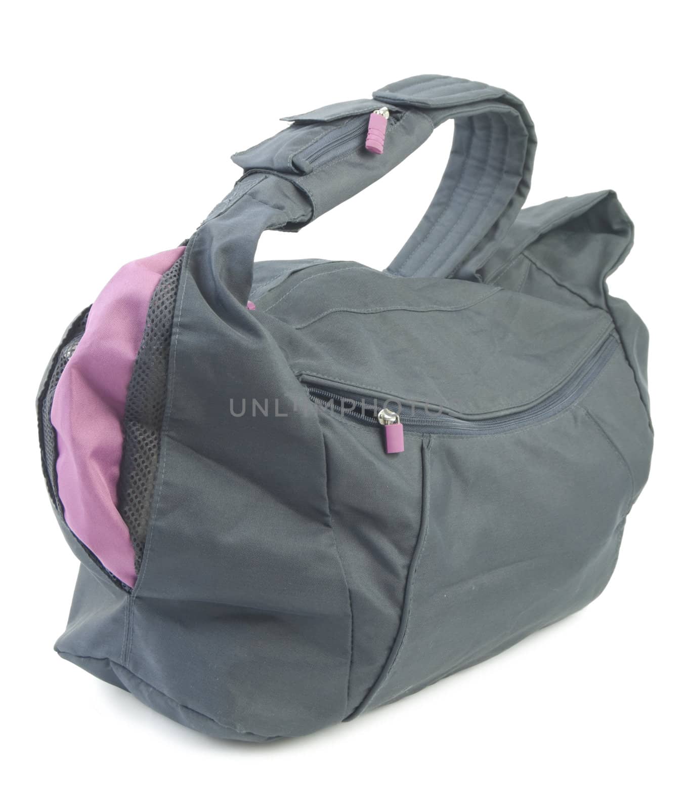 Nylon luggage with pink parts. Isolated on white background