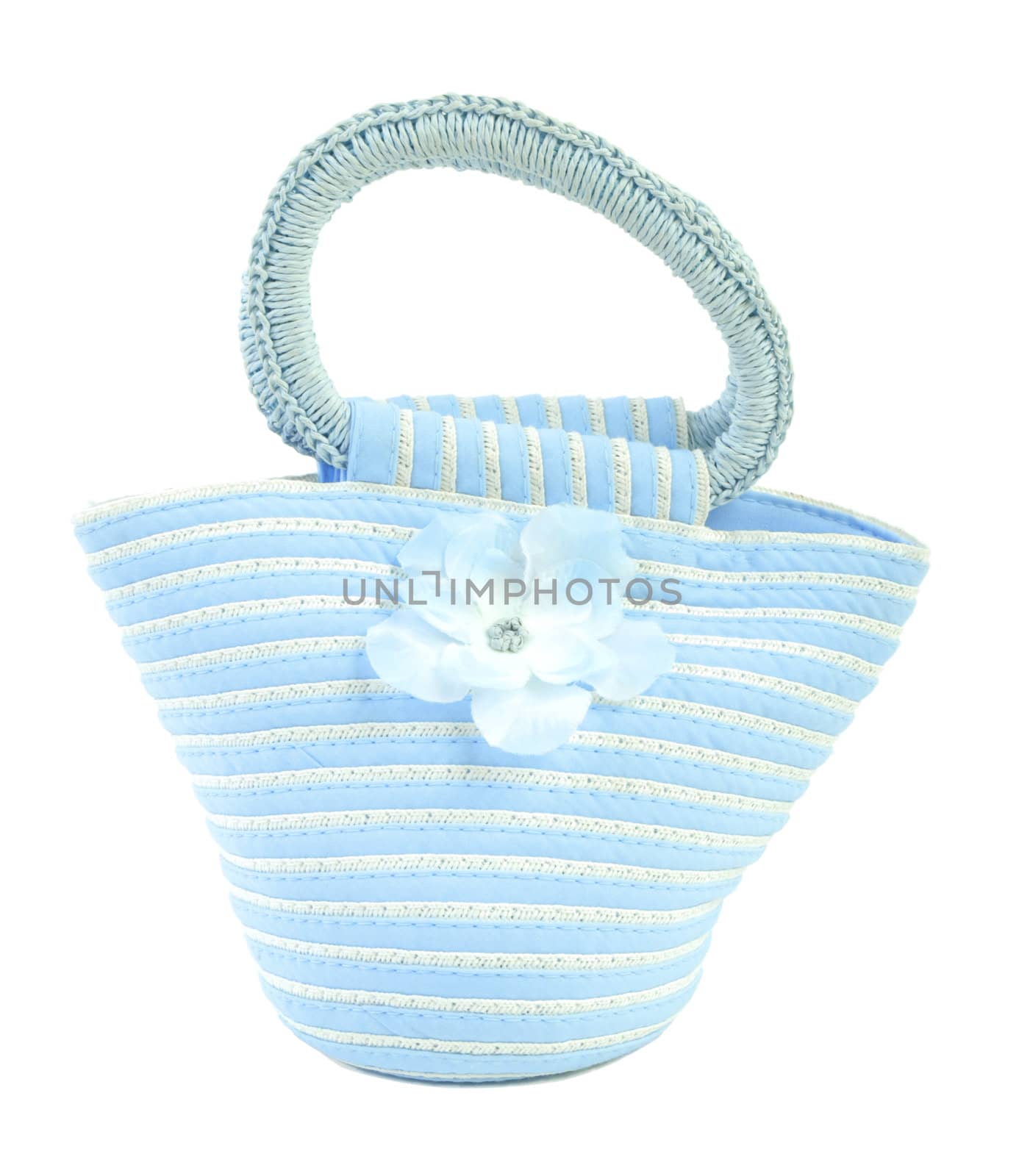 Blue textile bag with flower. Isoalted on white background