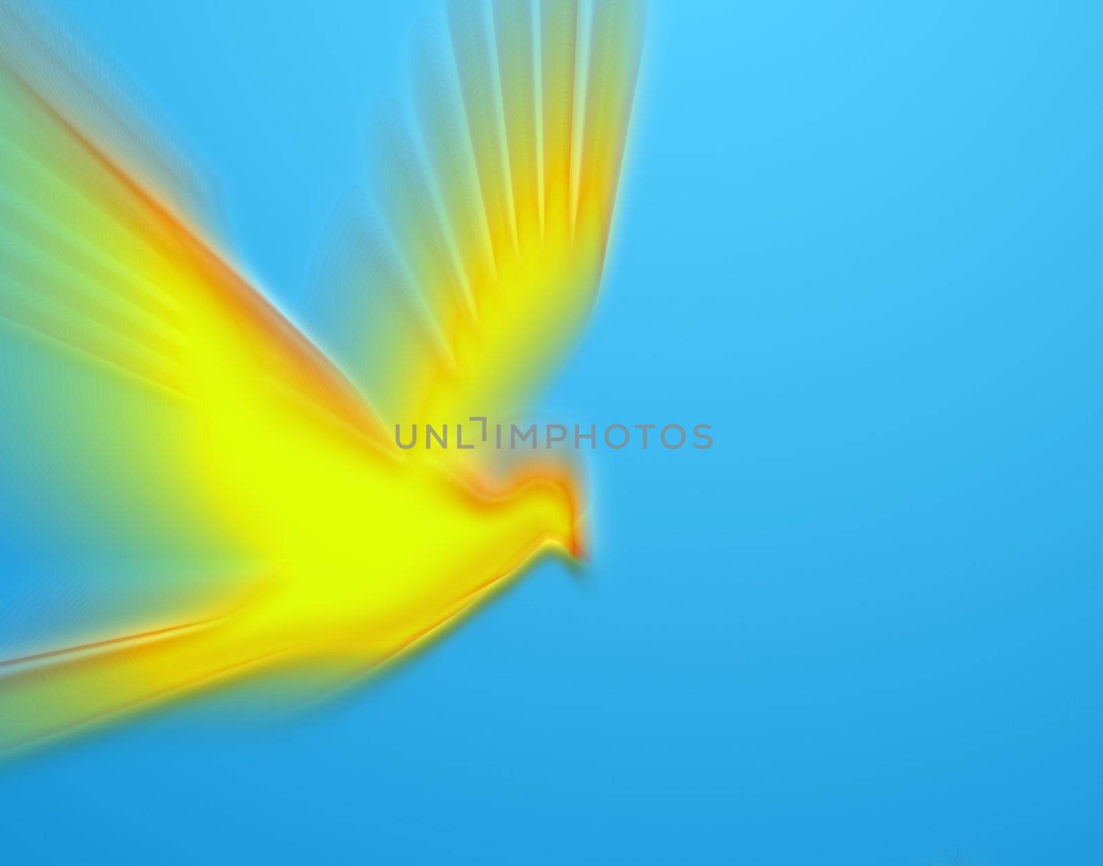moving bright yellow pigeon on blue background