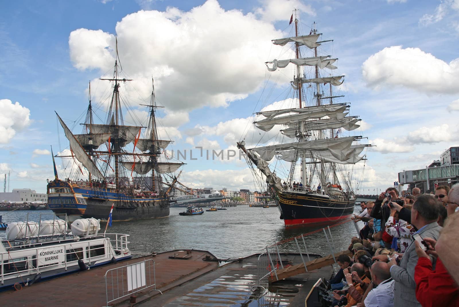 AMSTERDAM, AUGUST 19, 2010: Tall ship 'Stad Amsterdam' and Swedish ship 'Gothborg at Sail 2010 in Amsterdam, Holland on august 19, 2010