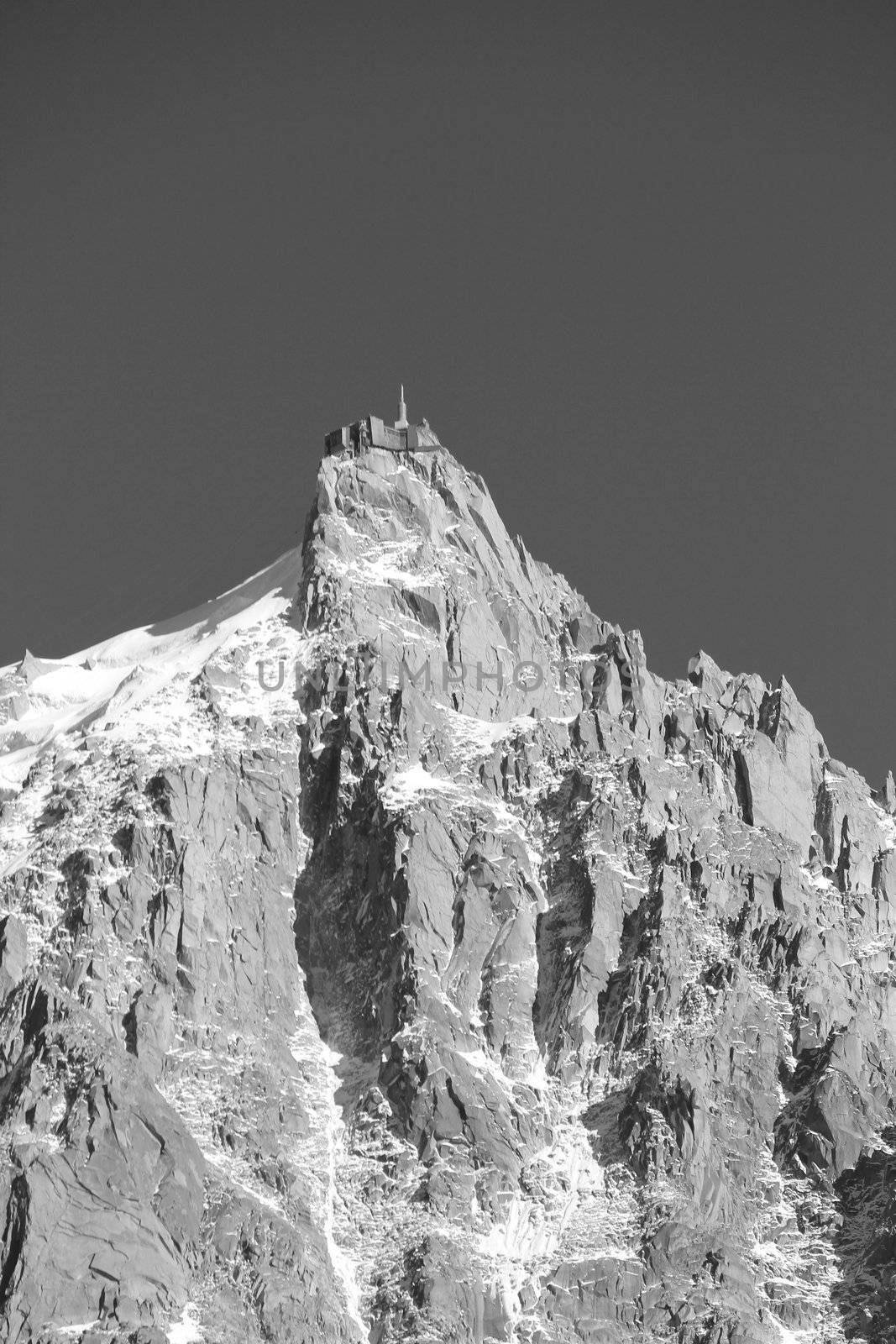 Mont-Blanc Aiguille du midi and mountain black and white
