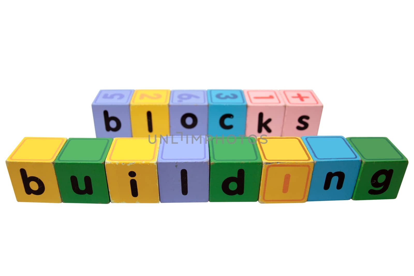 toy letters that spell building blocks with white background and clipping path and blank sides for your own text