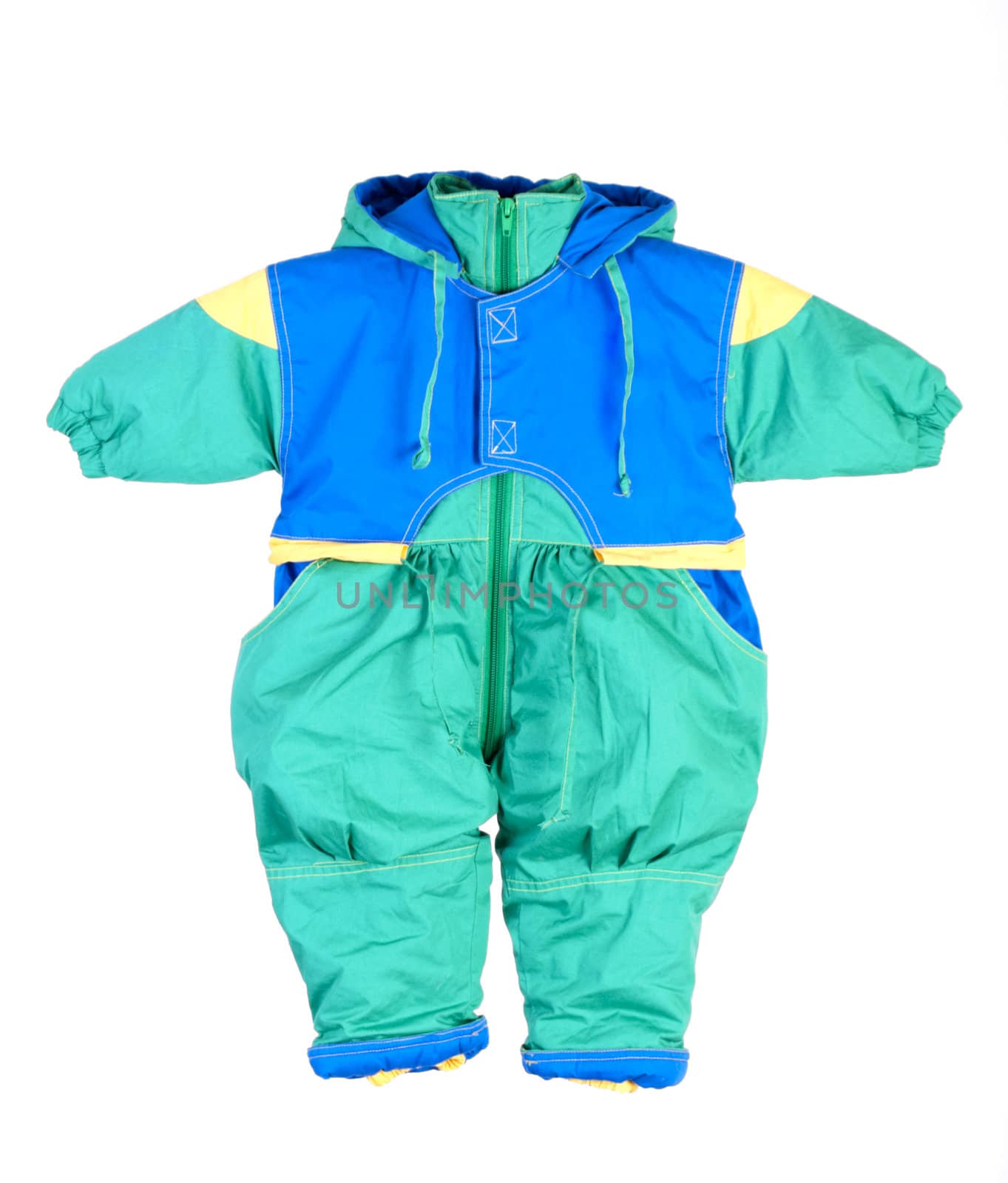 Green childhood winter jacket. Isolated on white background