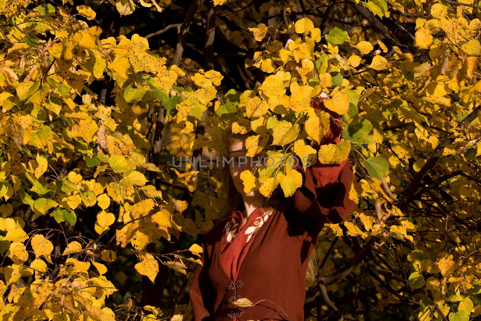 The blonde girl in medieval red dress in the autumn forest
