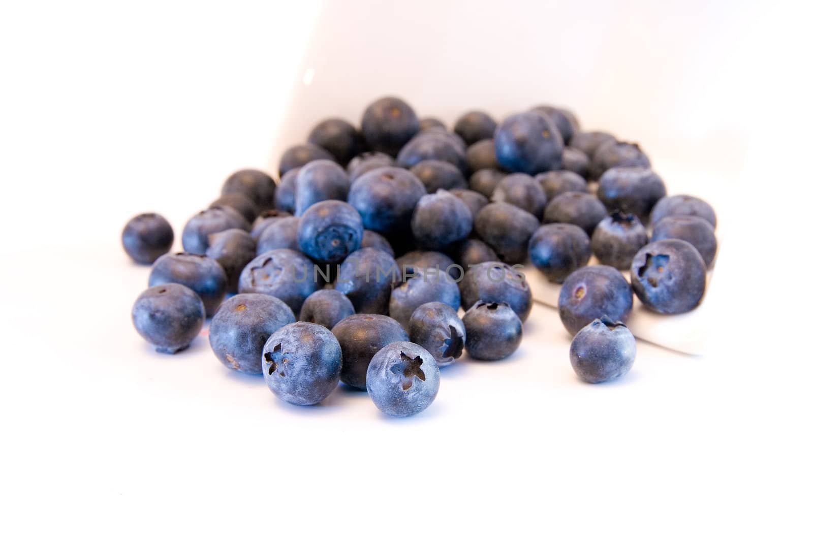 high key image of a collection of blueberries spilling from a white bowl on a white background