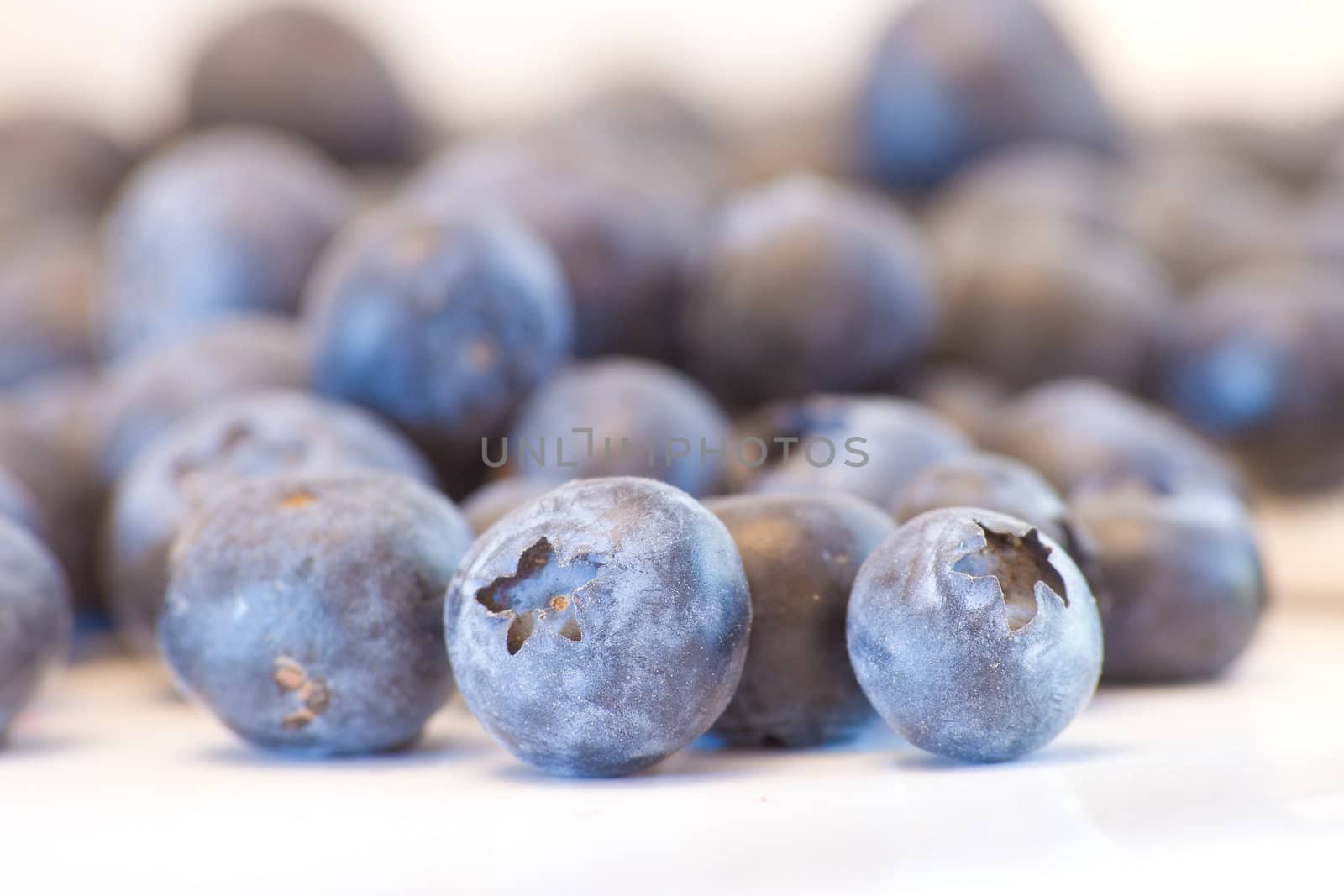 high key closeup of blueberries with a shallow dof on a white background