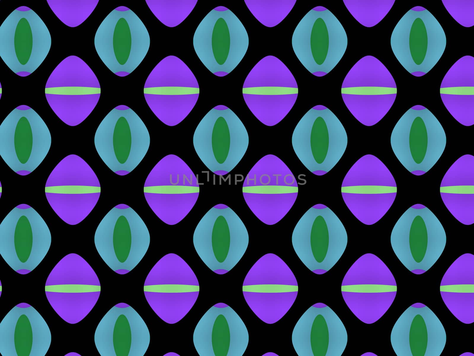 An abstract pattern of Easter egg shaped spots on a black background. The pattern is done in shades of green and purple.