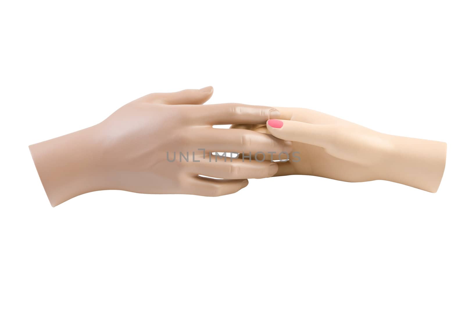 Touch of female and male mannequin hands. Isolated on white background