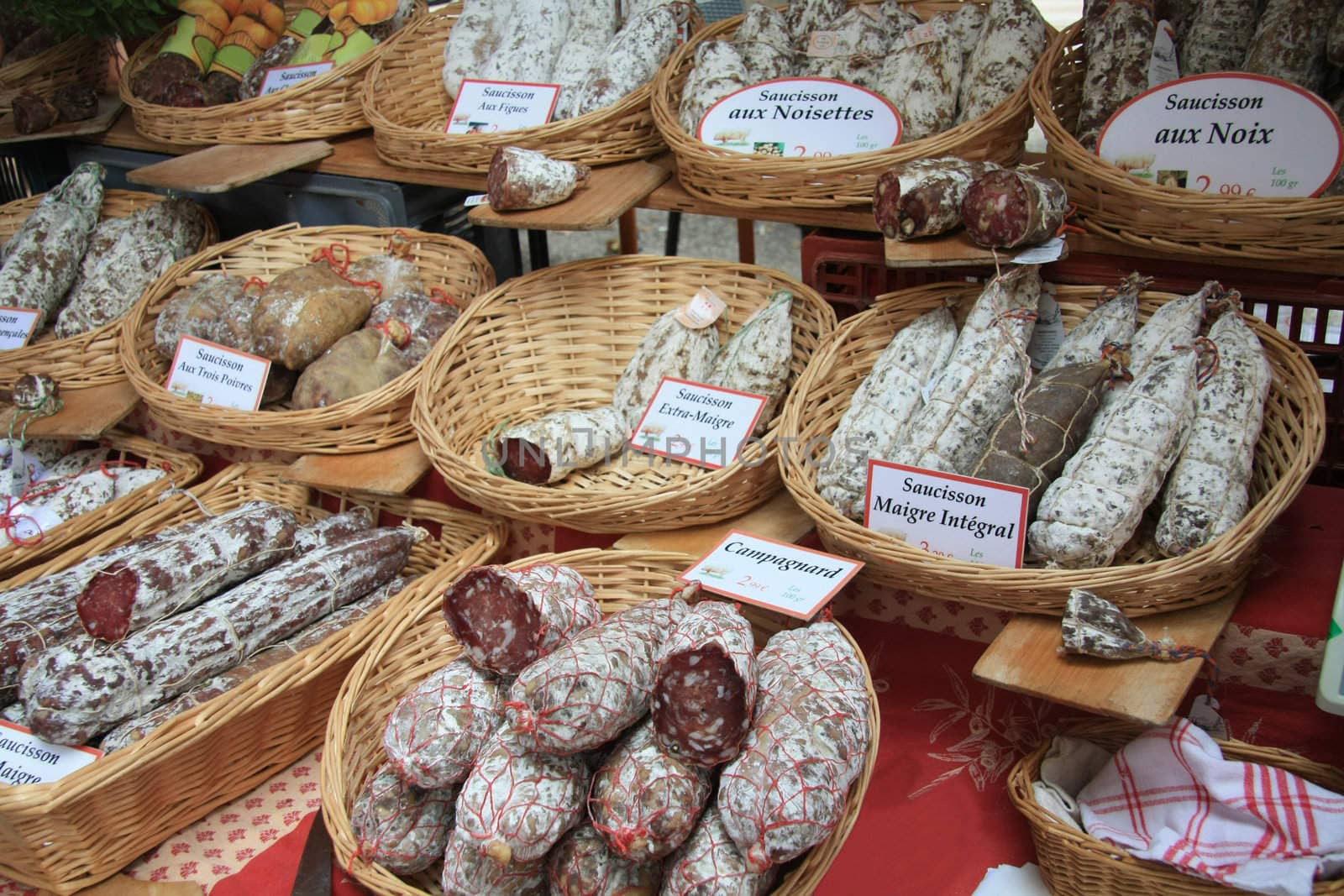 Traditional french sausages on a local market in Bedoin, France