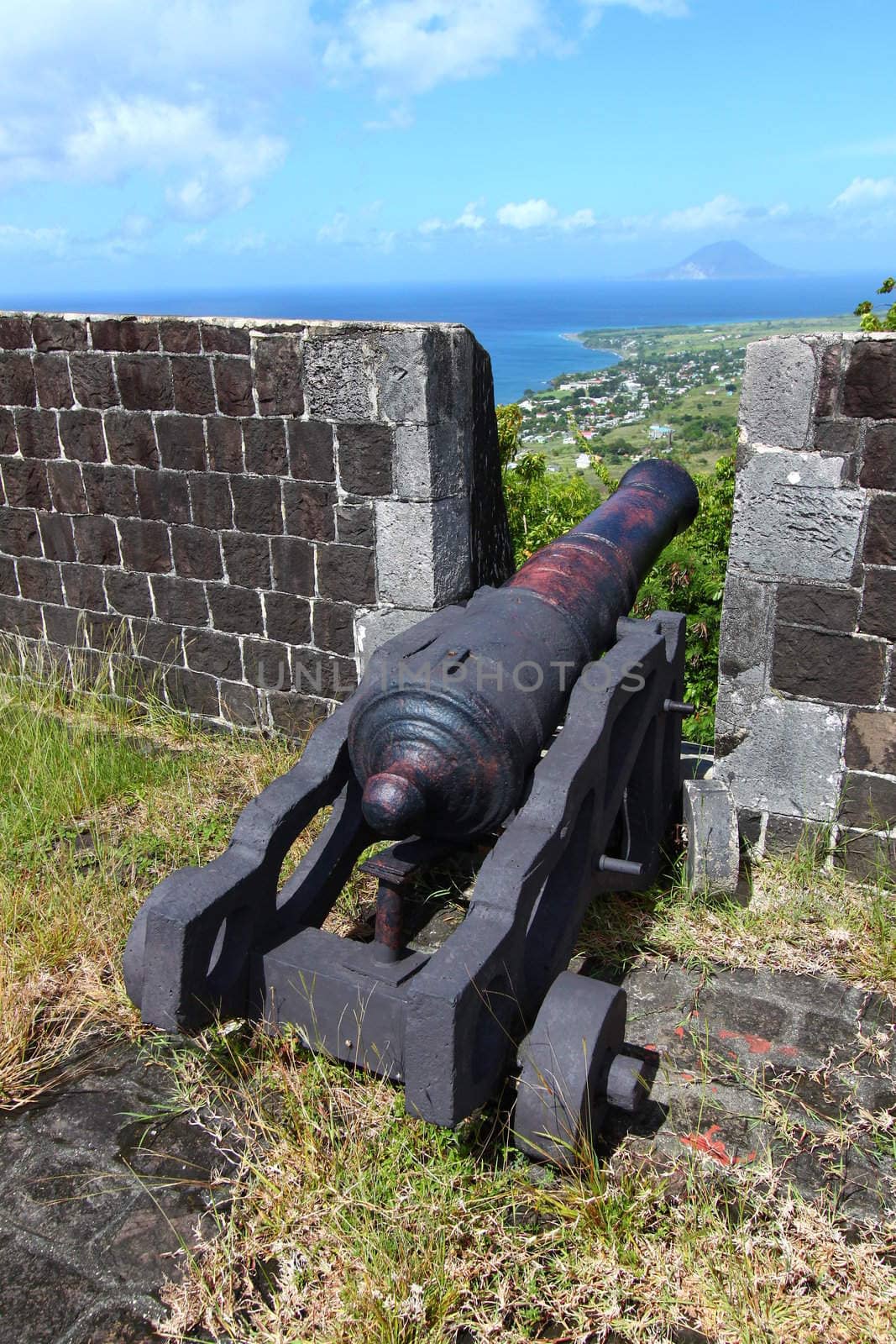 A cannon at Brimstone Hill Fortress National Park in Saint Kitts.