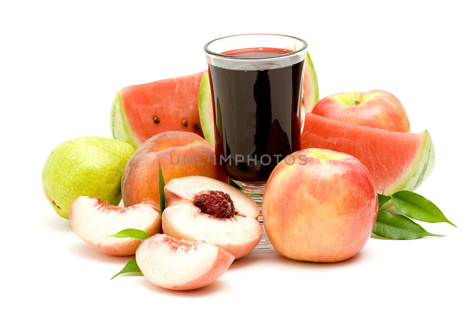 glass of fruit juice and fresh fruits isolated on white  by miradrozdowski