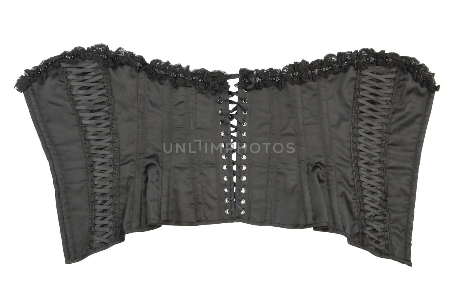 Opened female black corset. Isolated on white background