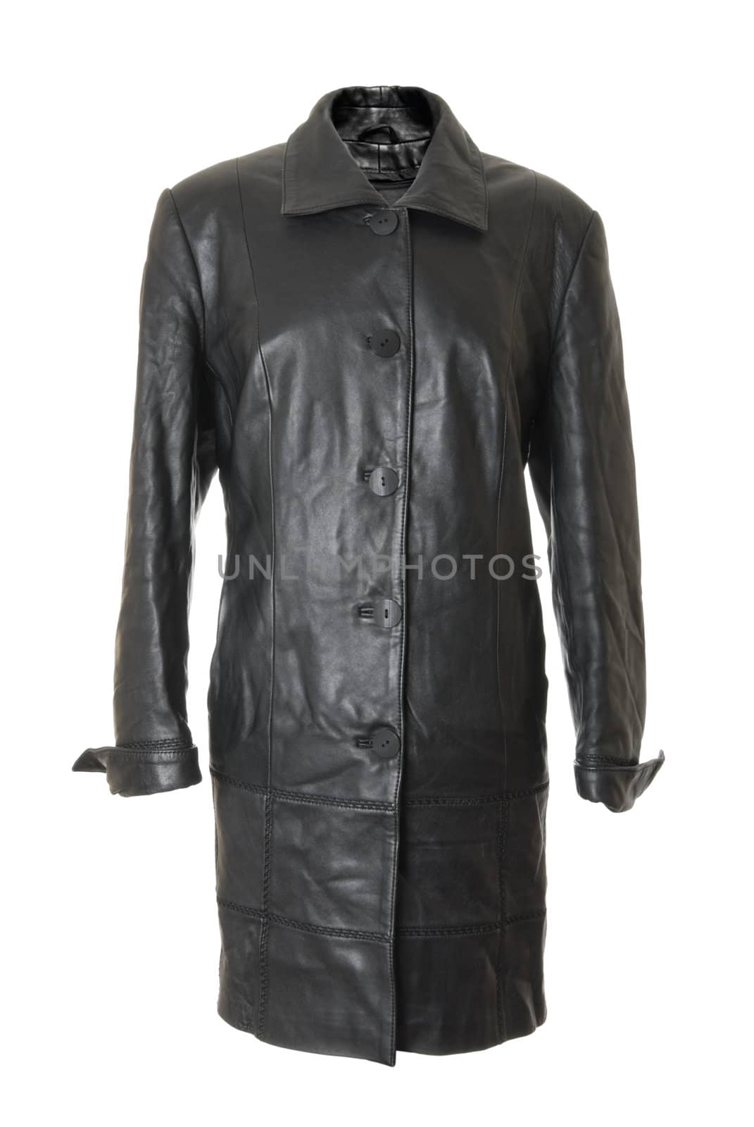 Female black and long leather coat. Isolated on white background