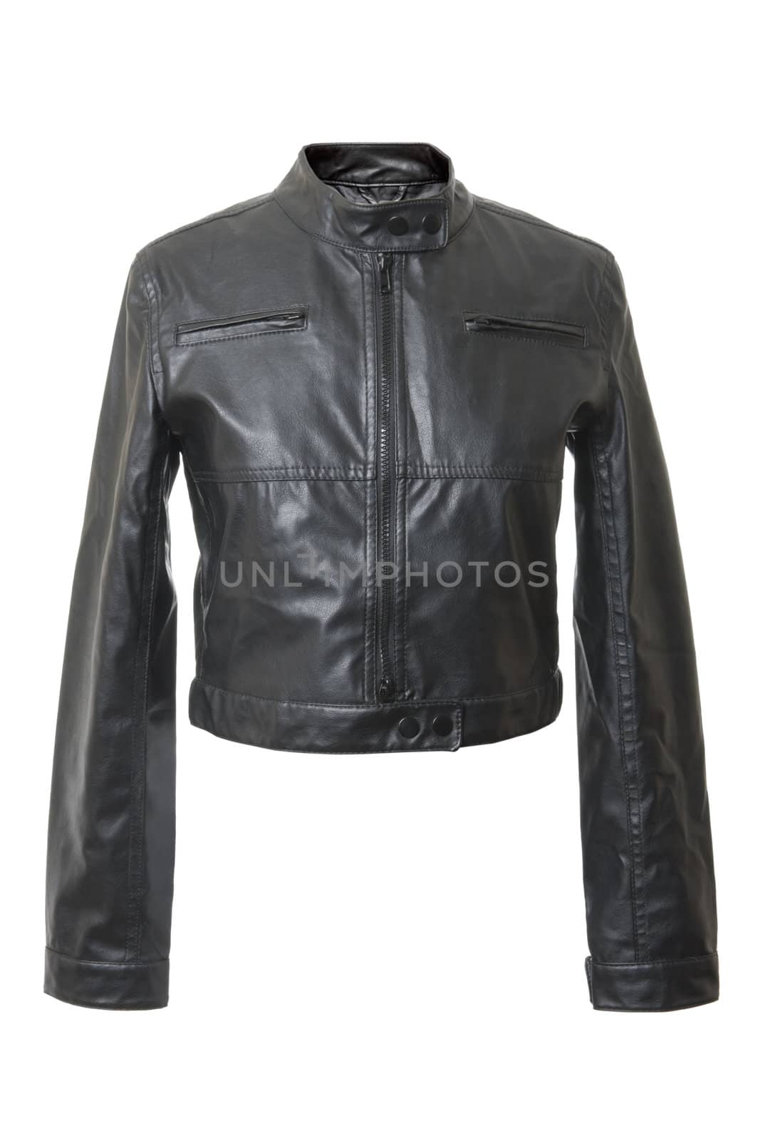 Black and short female leather jacket. Isolated on white background